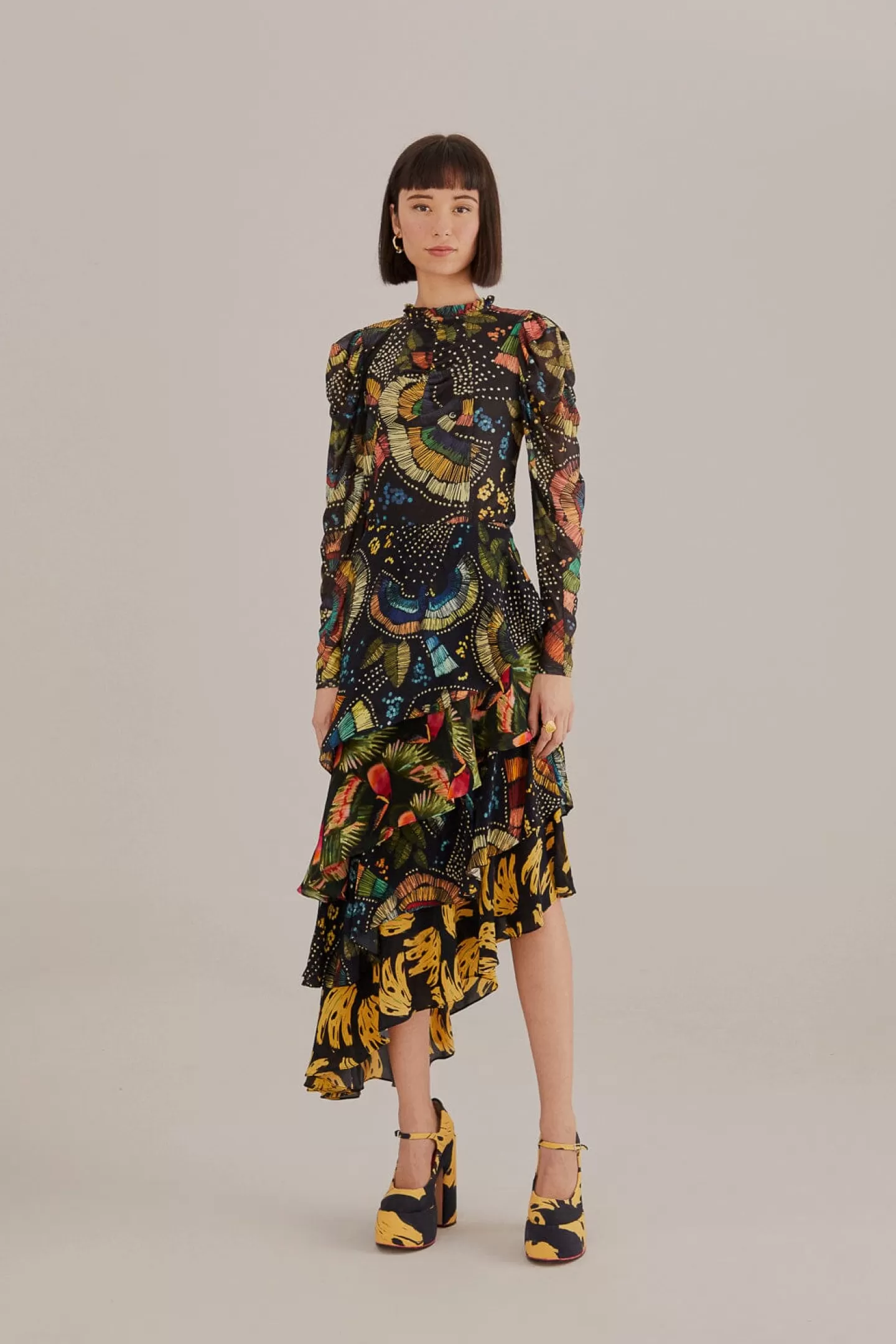 FARM Rio  BLACK COLORFUL BIRDS TULLE BLOUSE