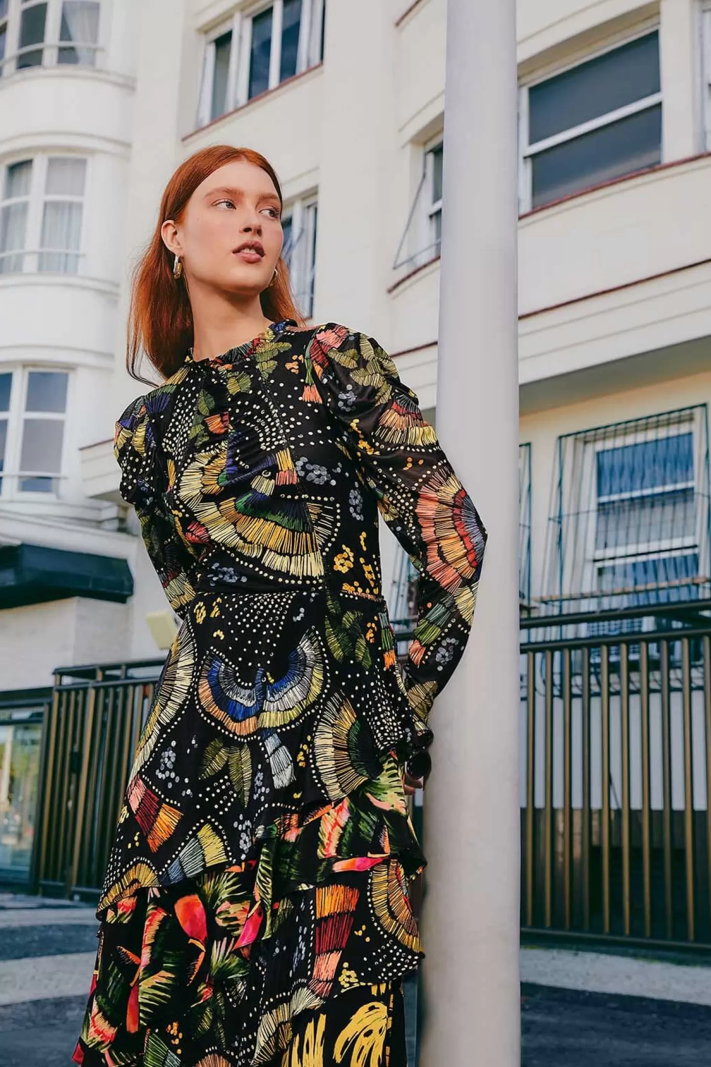 FARM Rio  BLACK COLORFUL BIRDS TULLE BLOUSE