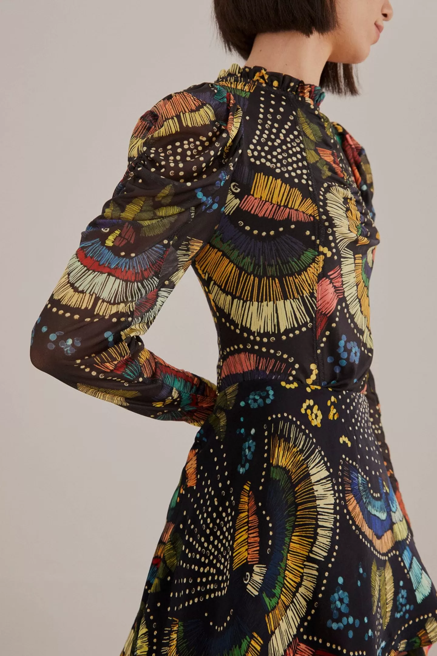 FARM Rio  BLACK COLORFUL BIRDS TULLE BLOUSE