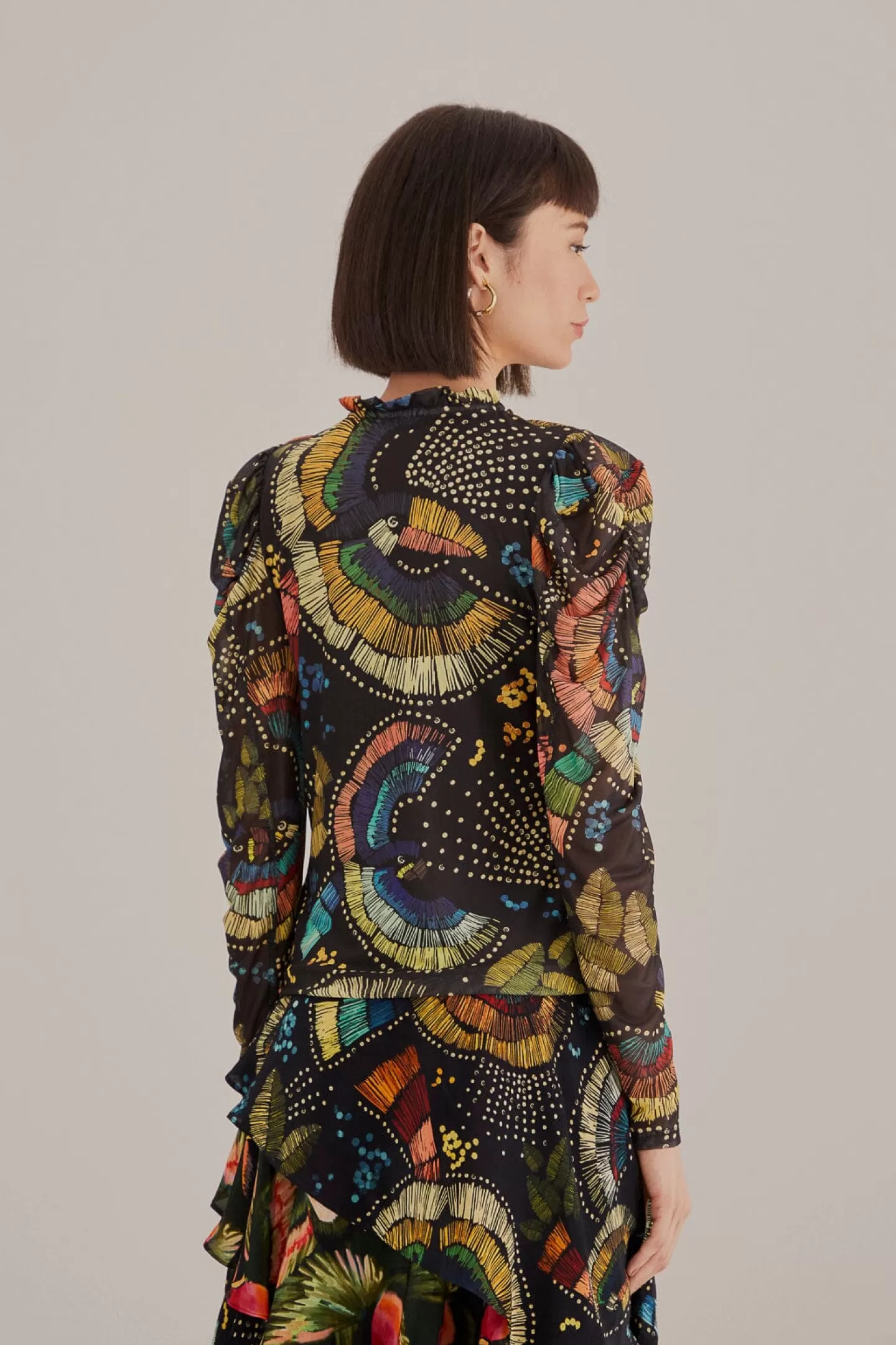 FARM Rio  BLACK COLORFUL BIRDS TULLE BLOUSE