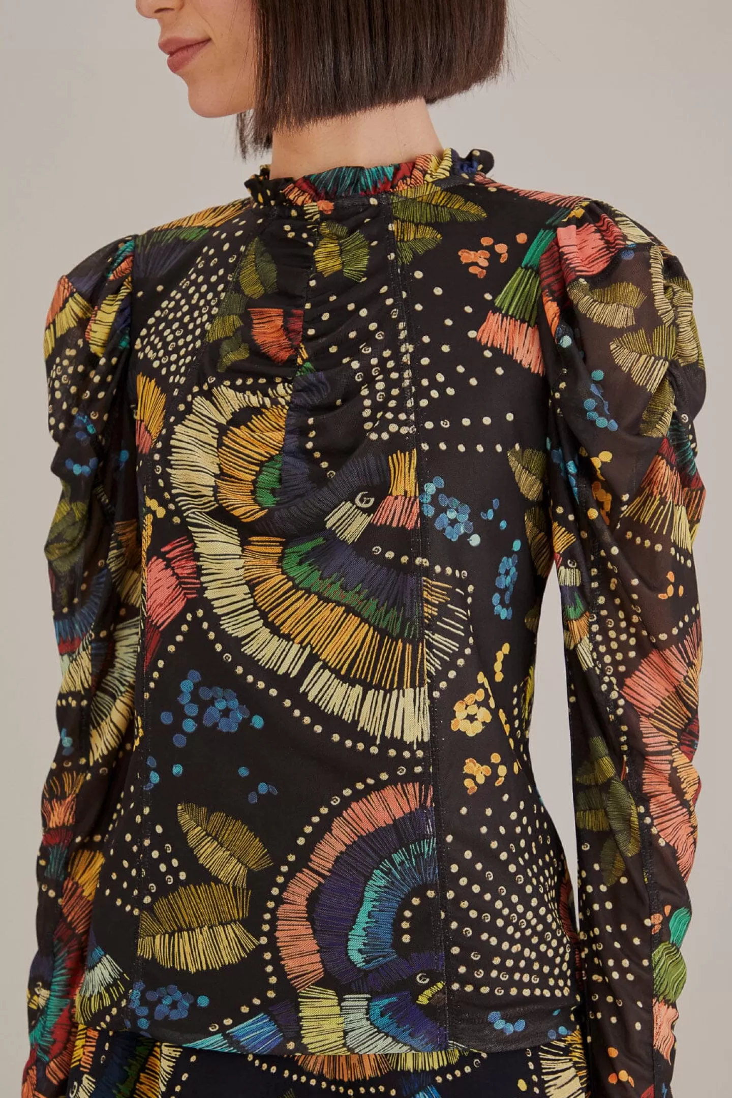 FARM Rio  BLACK COLORFUL BIRDS TULLE BLOUSE