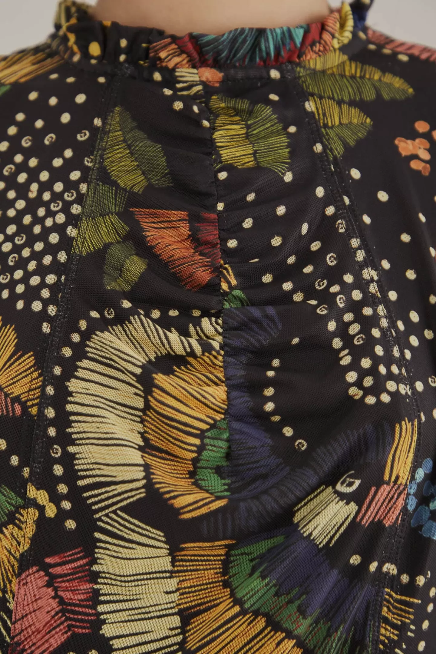 FARM Rio  BLACK COLORFUL BIRDS TULLE BLOUSE