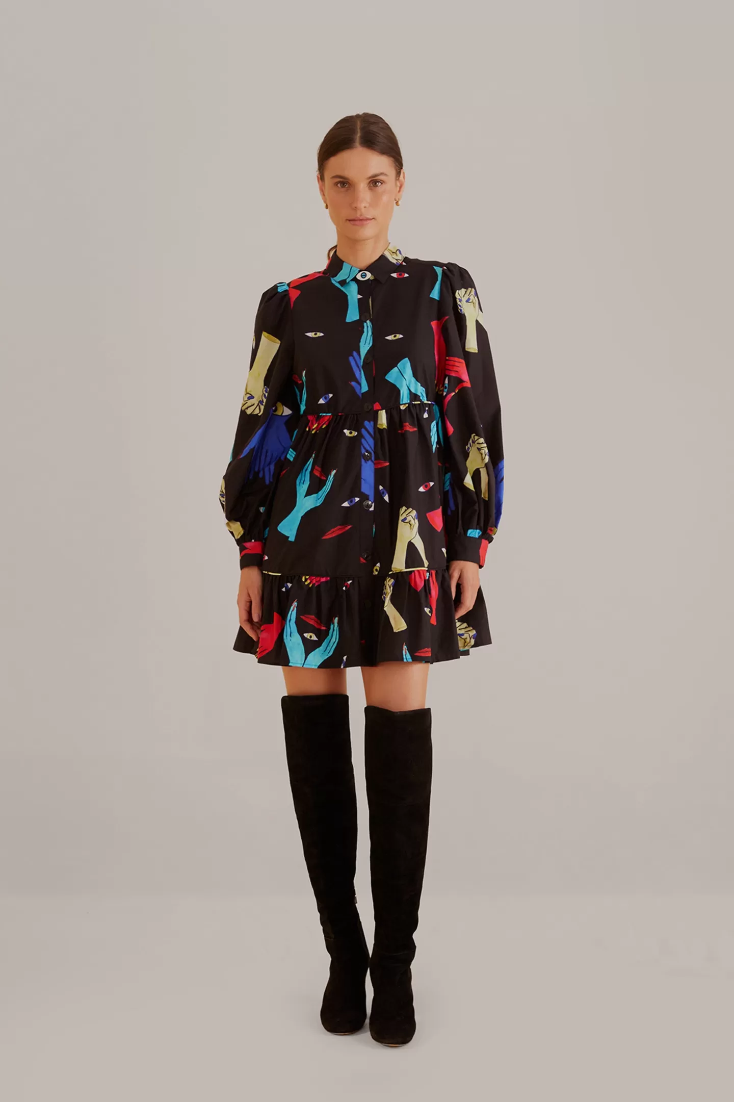 FARM Rio  BLACK COLORFUL TOGETHER  LONG SLEEVE MINI DRESS