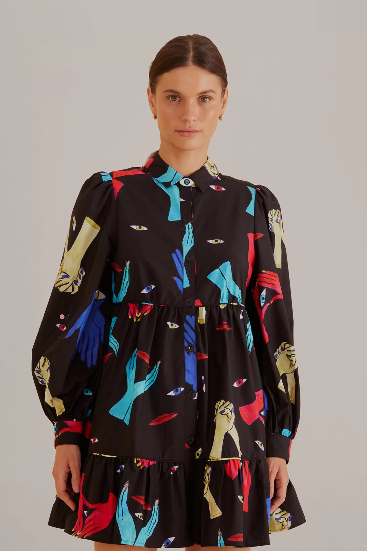 FARM Rio  BLACK COLORFUL TOGETHER  LONG SLEEVE MINI DRESS