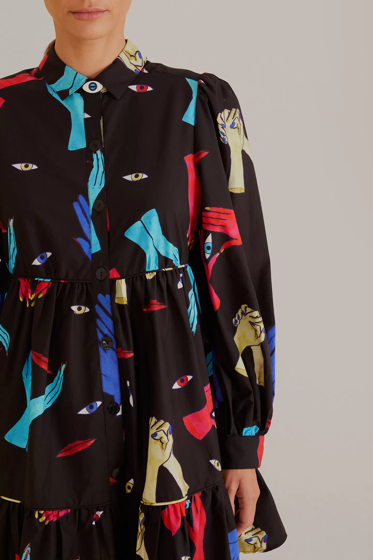 FARM Rio  BLACK COLORFUL TOGETHER  LONG SLEEVE MINI DRESS
