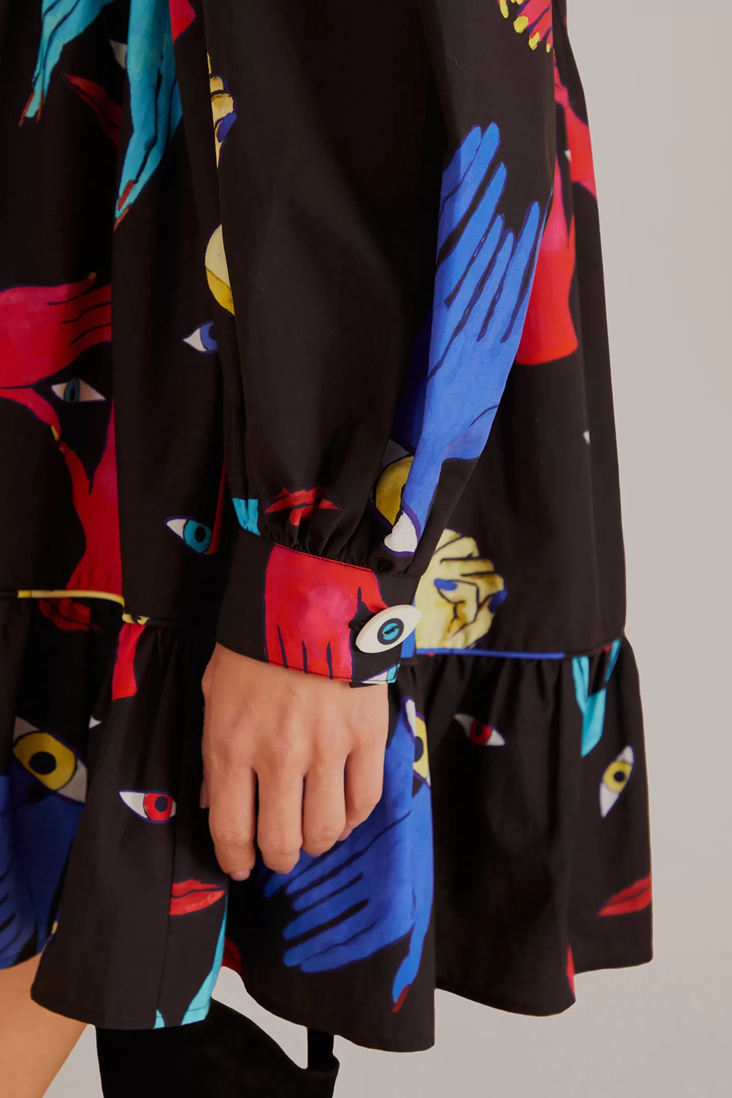 FARM Rio  BLACK COLORFUL TOGETHER  LONG SLEEVE MINI DRESS