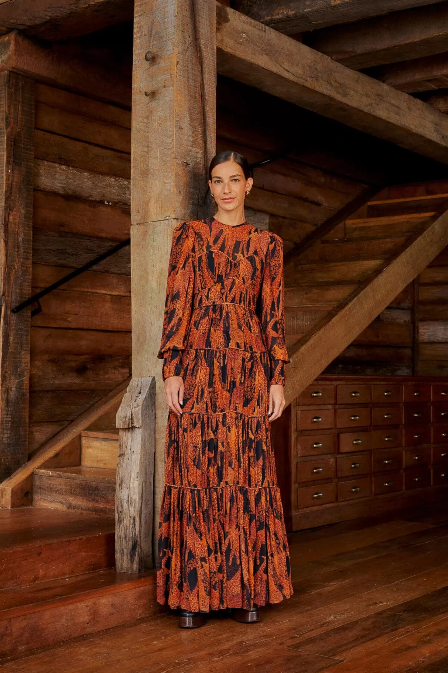 FARM Rio  BLACK GIRAFFES PUFF SLEEVE MAXI DRESS