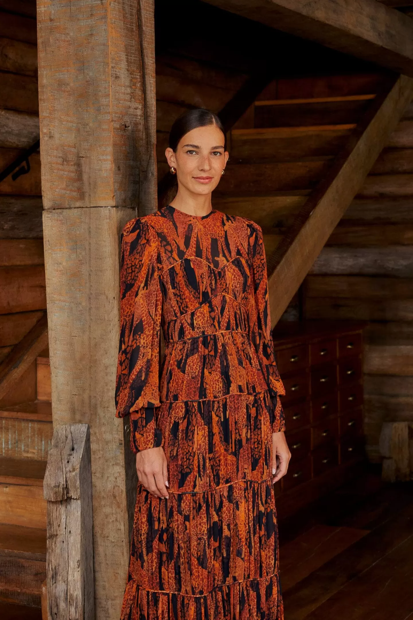 FARM Rio  BLACK GIRAFFES PUFF SLEEVE MAXI DRESS