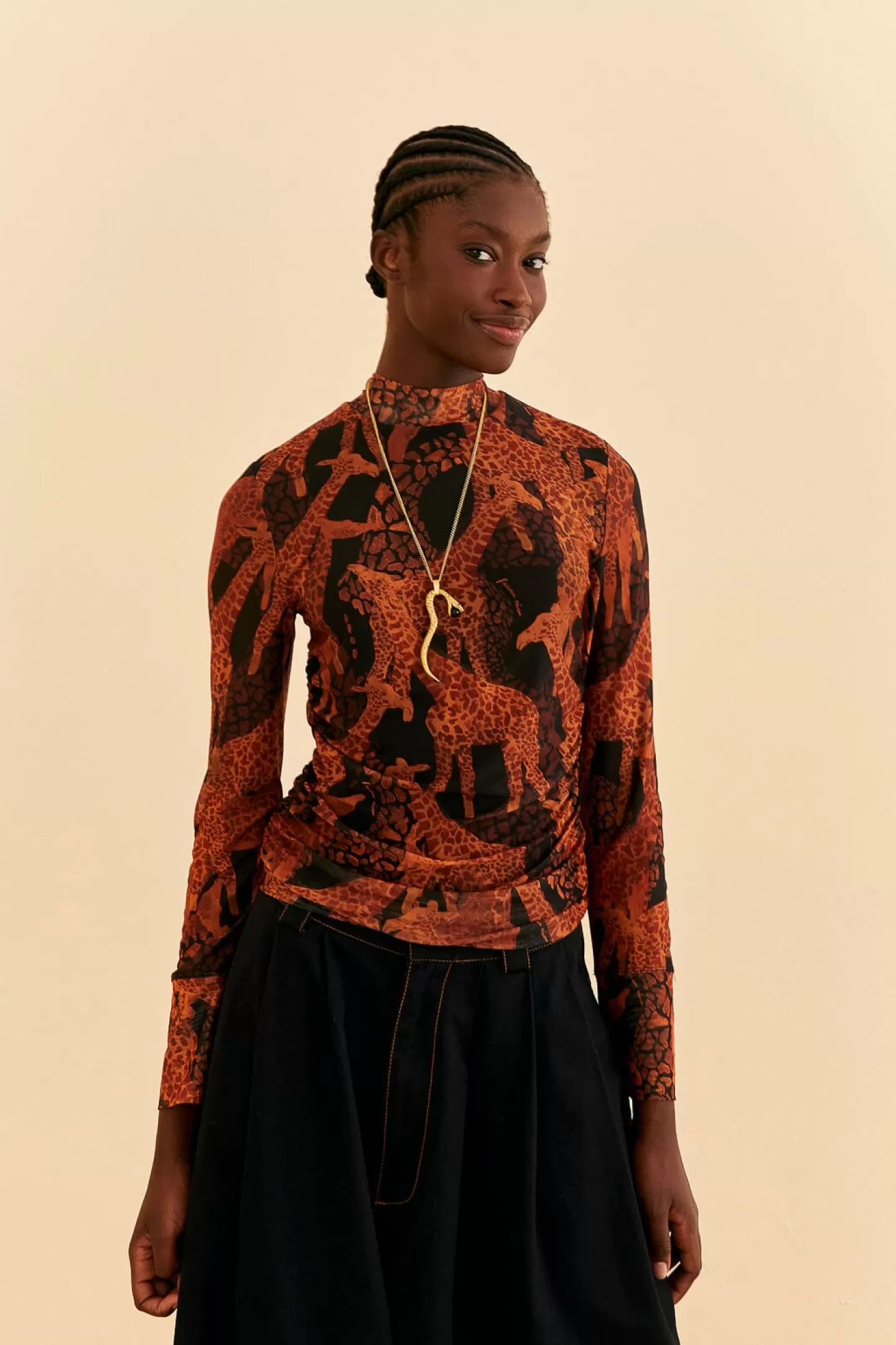 FARM Rio  BLACK GIRAFFES TULLE BLOUSE