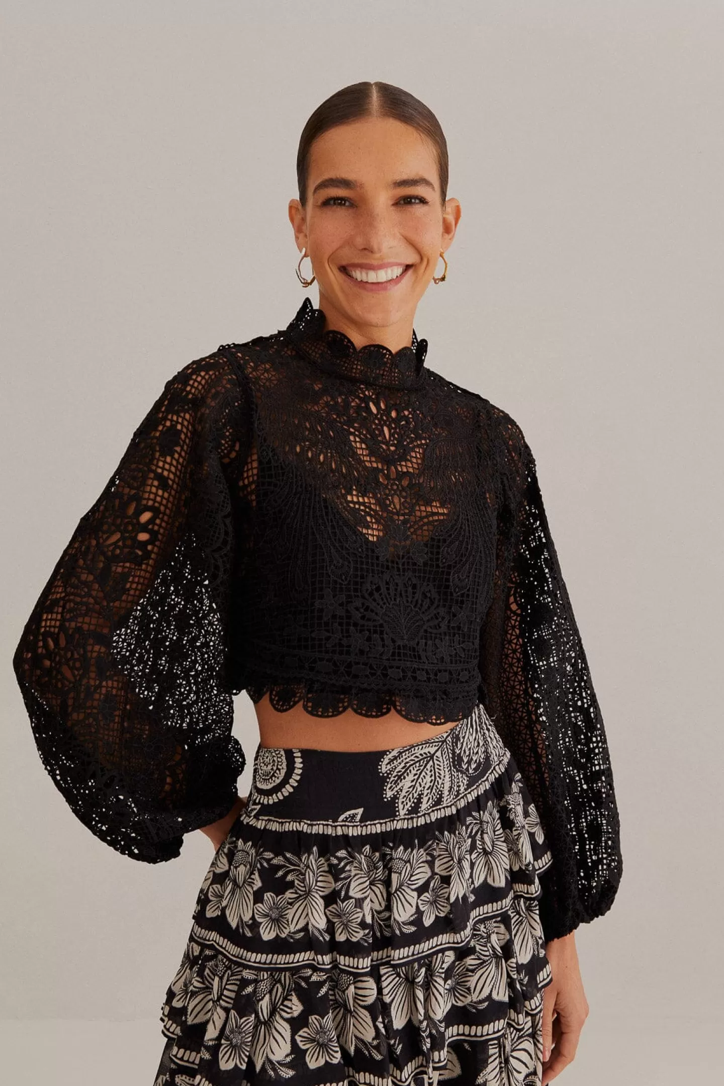 FARM Rio  BLACK GUIPURE LONG SLEEVE BLOUSE