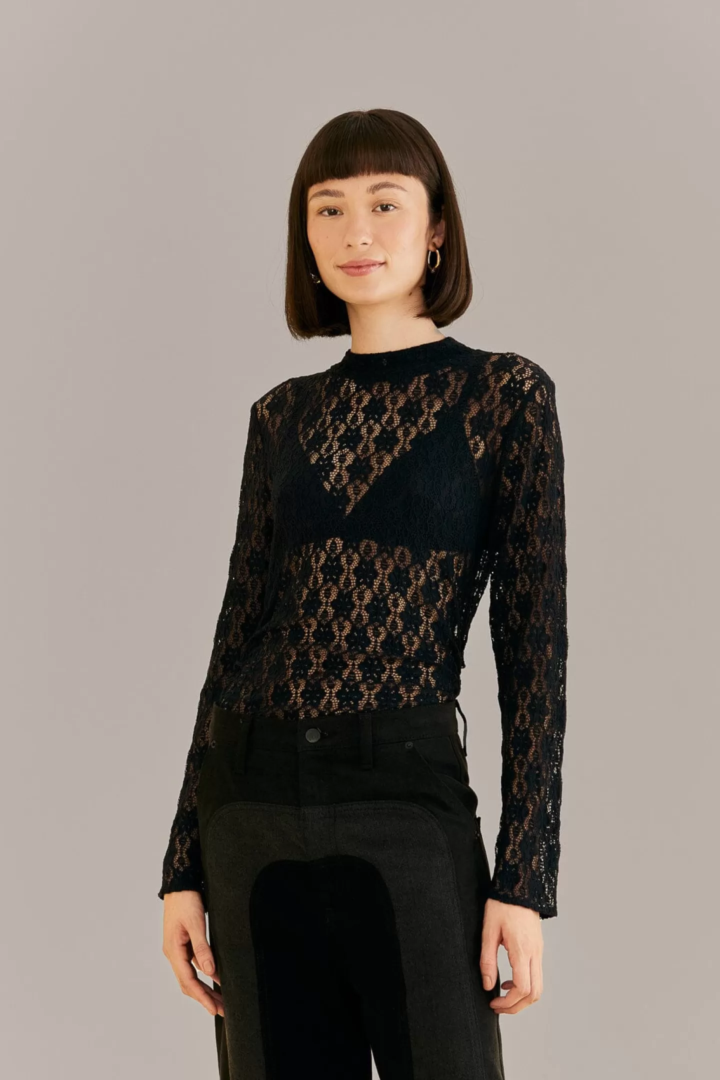 FARM Rio  BLACK LACE LONG SLEEVE BLOUSE
