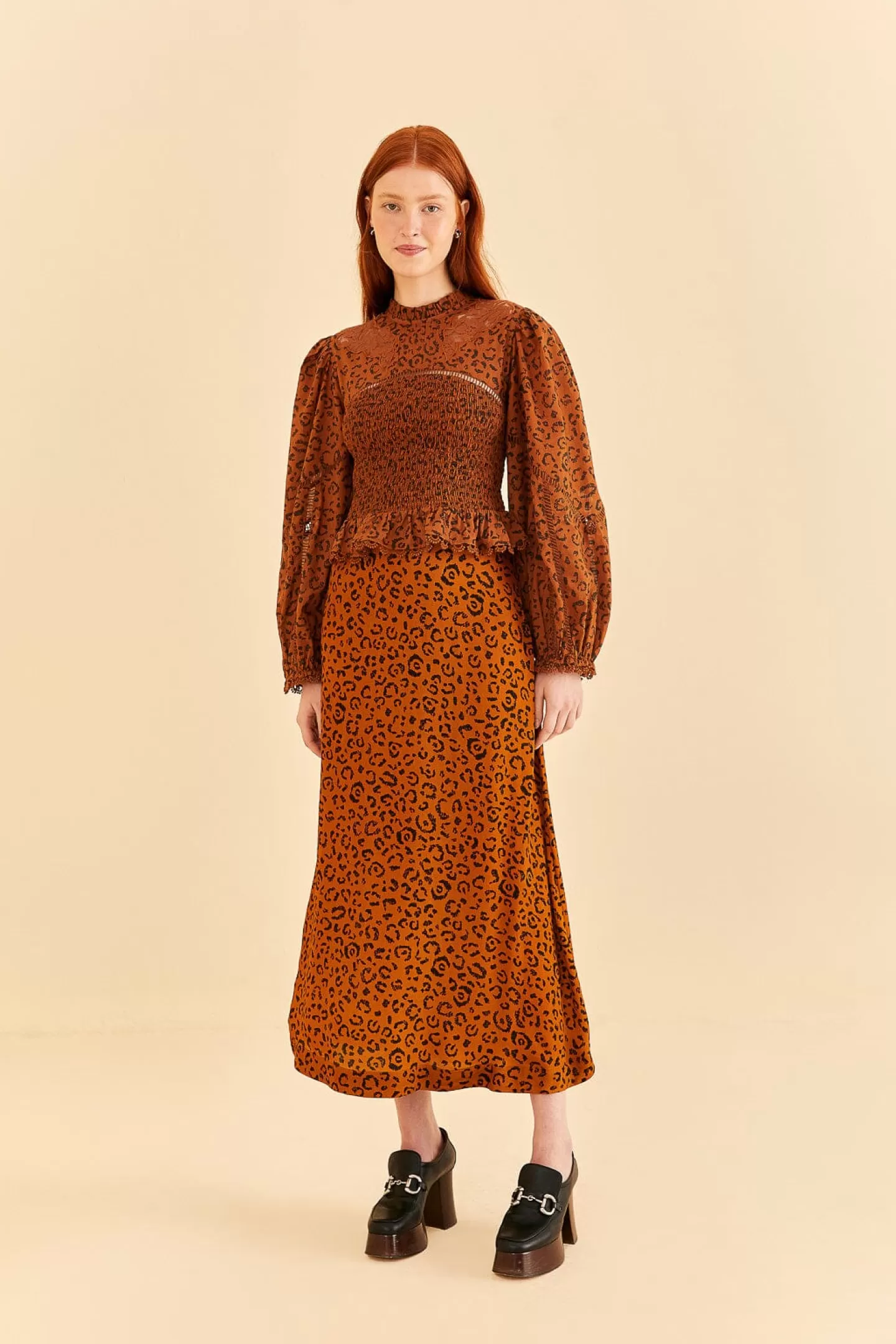FARM Rio  BLACK LEOPARDS TEXTURE MIDI SKIRT