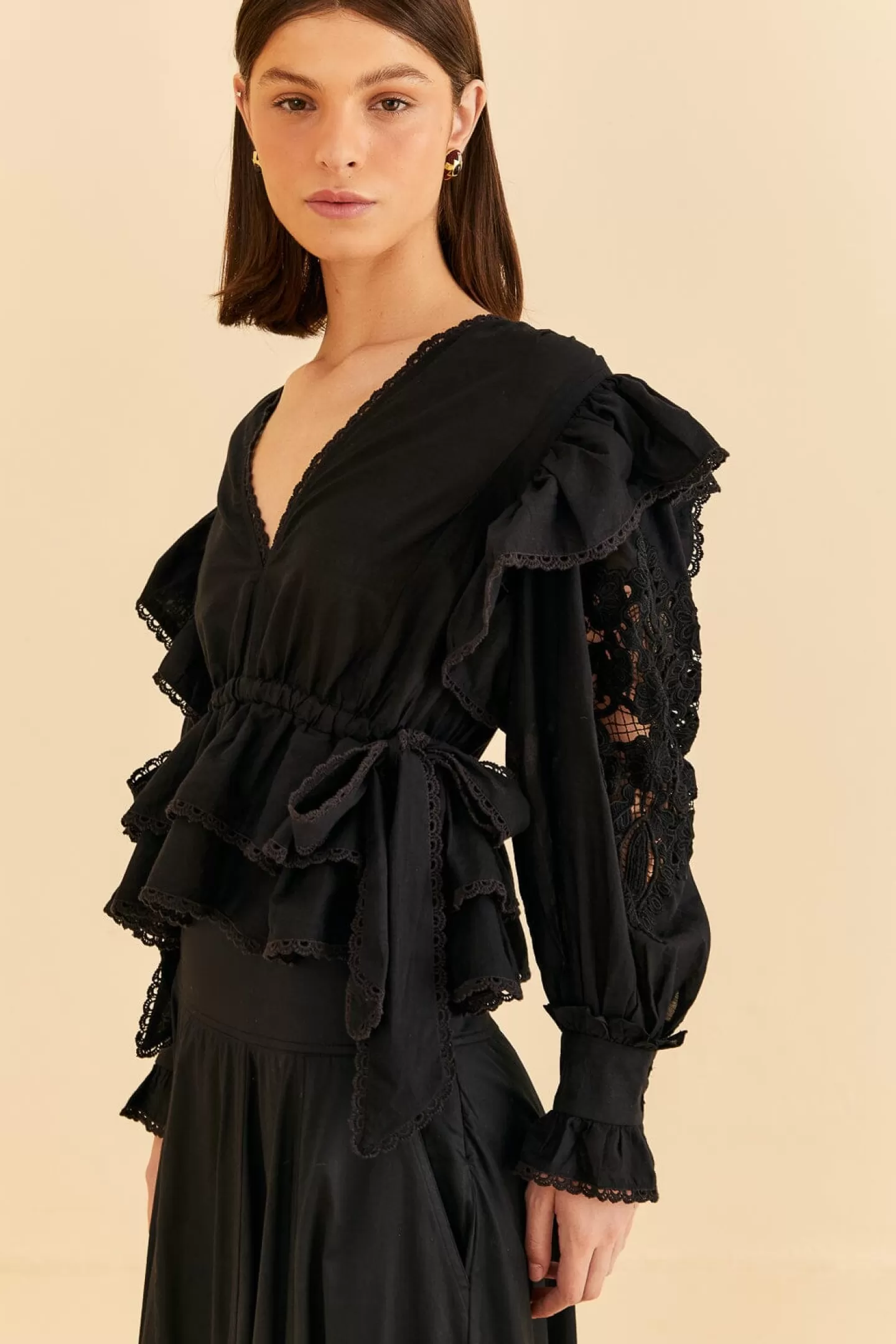 FARM Rio  BLACK LONG SLEEVE V NECKLINE BLOUSE