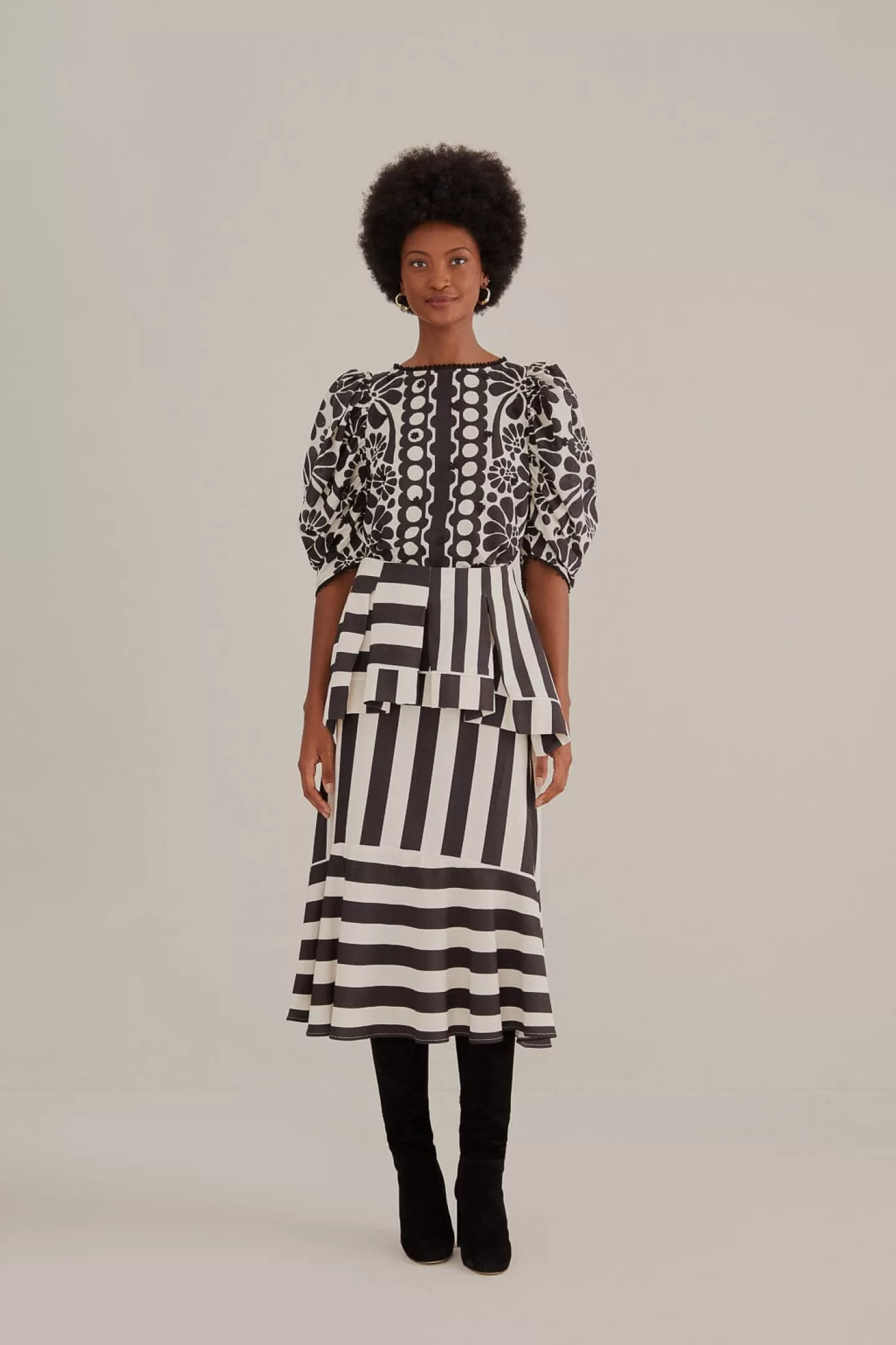 FARM Rio  BLACK MIXED STRIPES MIDI SKIRT