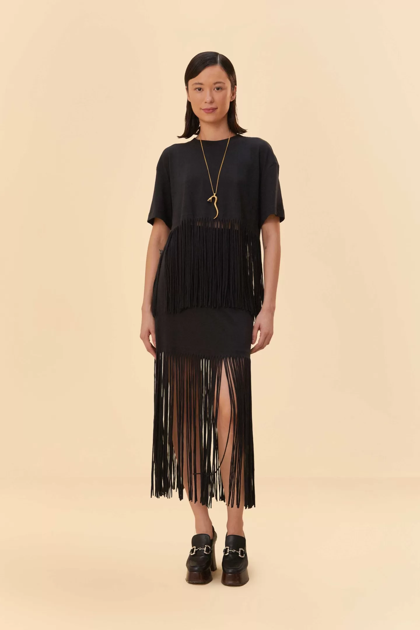 FARM Rio  BLACK ORGANIC COTTON FRINGE MIDI  SKIRT
