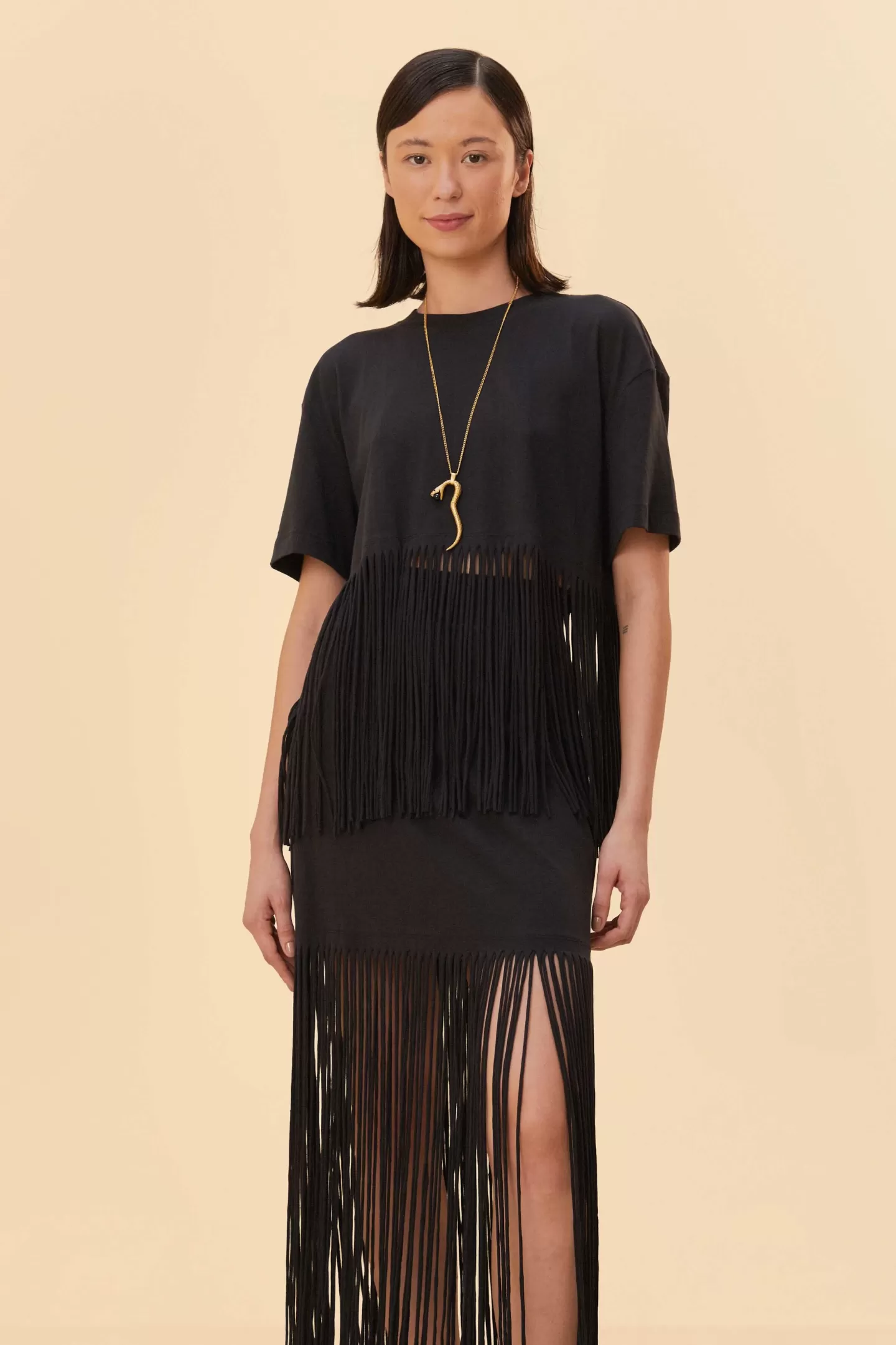 FARM Rio  BLACK ORGANIC COTTON FRINGE MIDI  SKIRT
