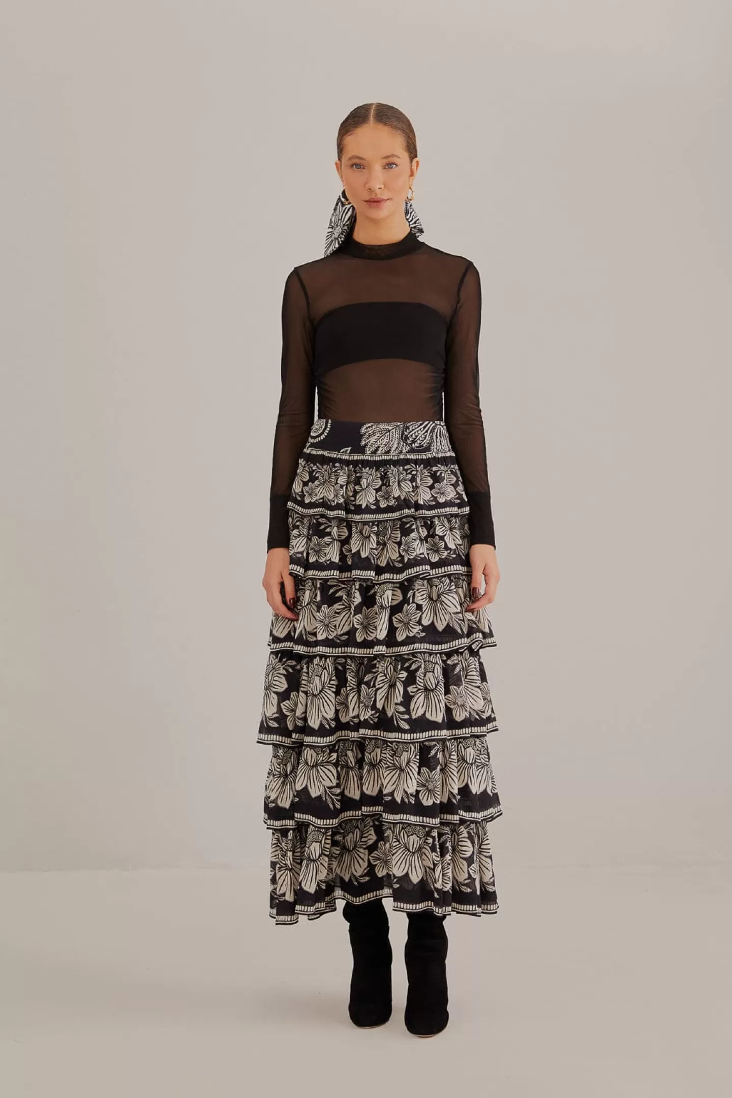 FARM Rio  BLACK PAISLEY BLOOM TIERED SKIRT