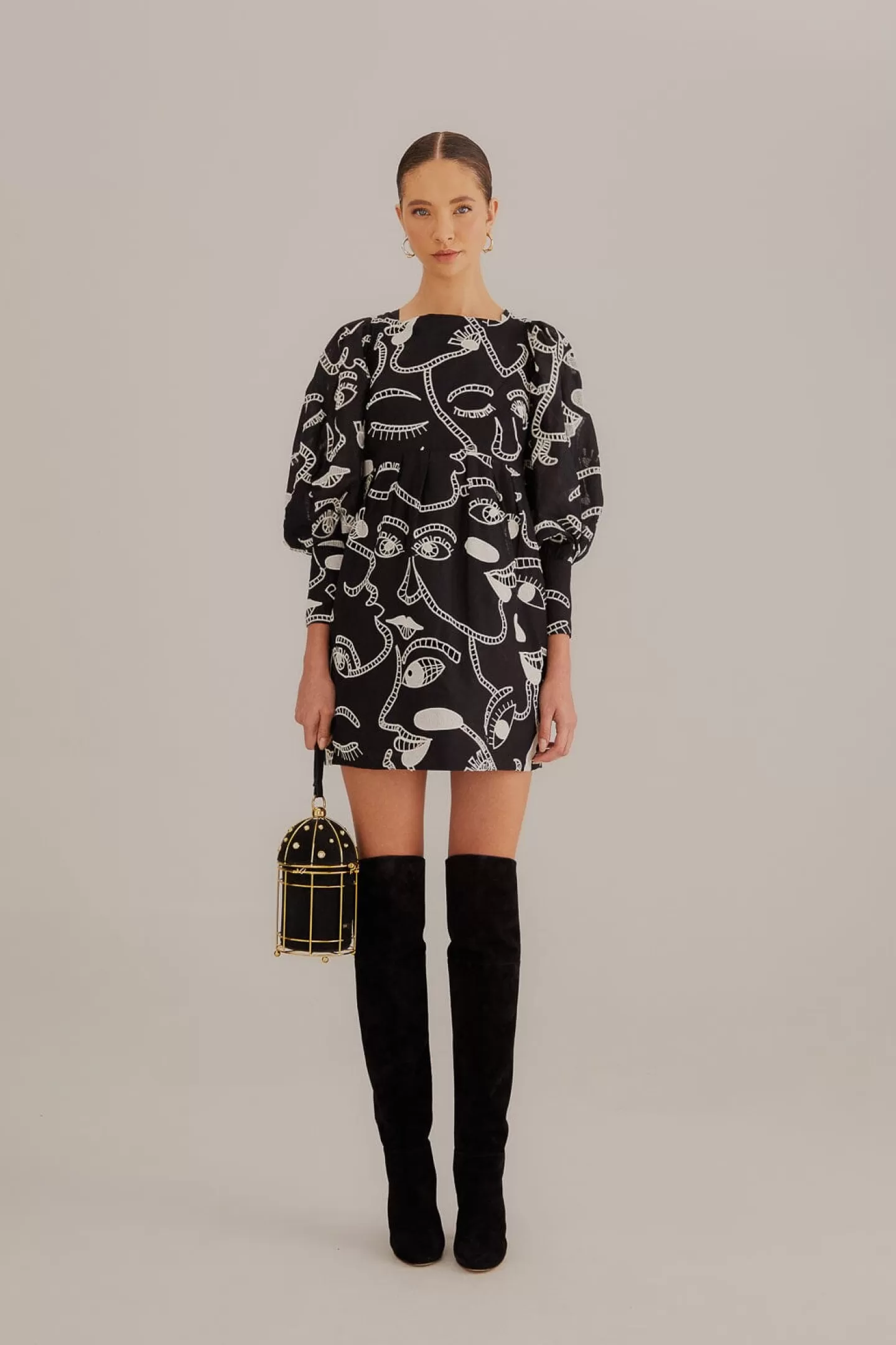 FARM Rio  BLACK RICHELIEU FACES MINI DRESS
