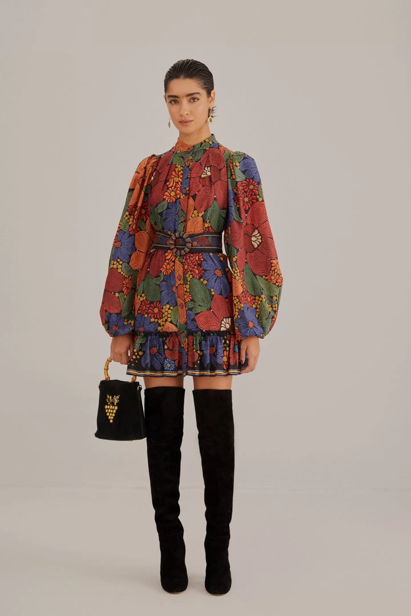 FARM Rio  BLACK STITCHED FLOWERS LONG SLEEVE MINI DRESS