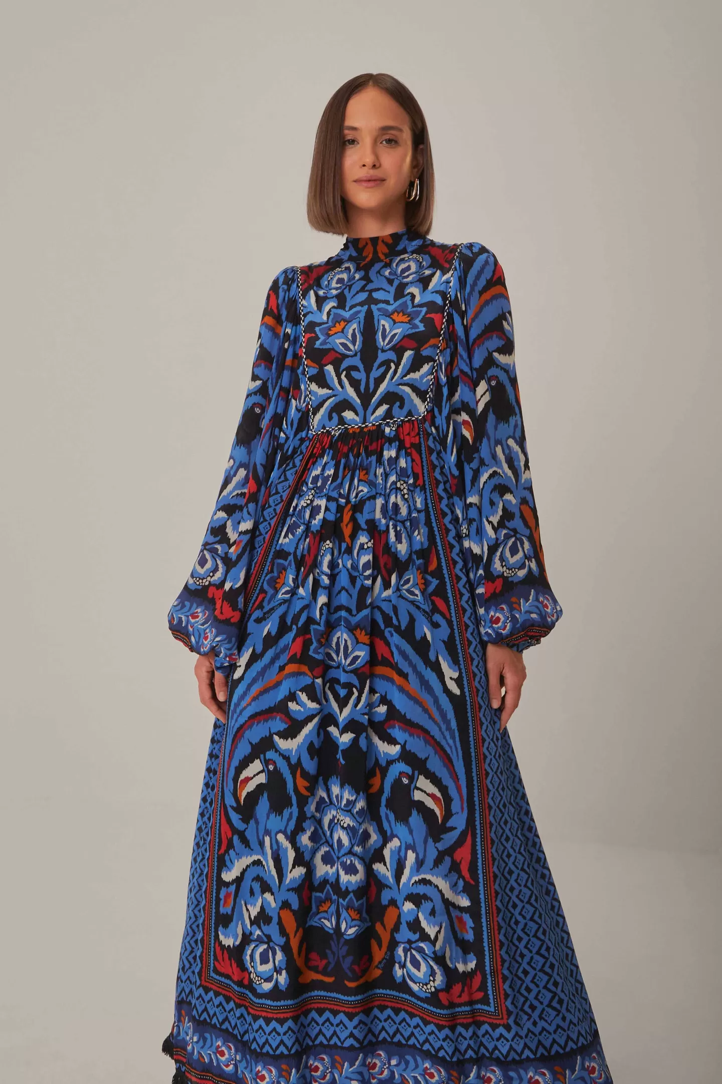 FARM Rio  BLACK TOUCANS SCARF LONG SLEEVE MAXI DRESS