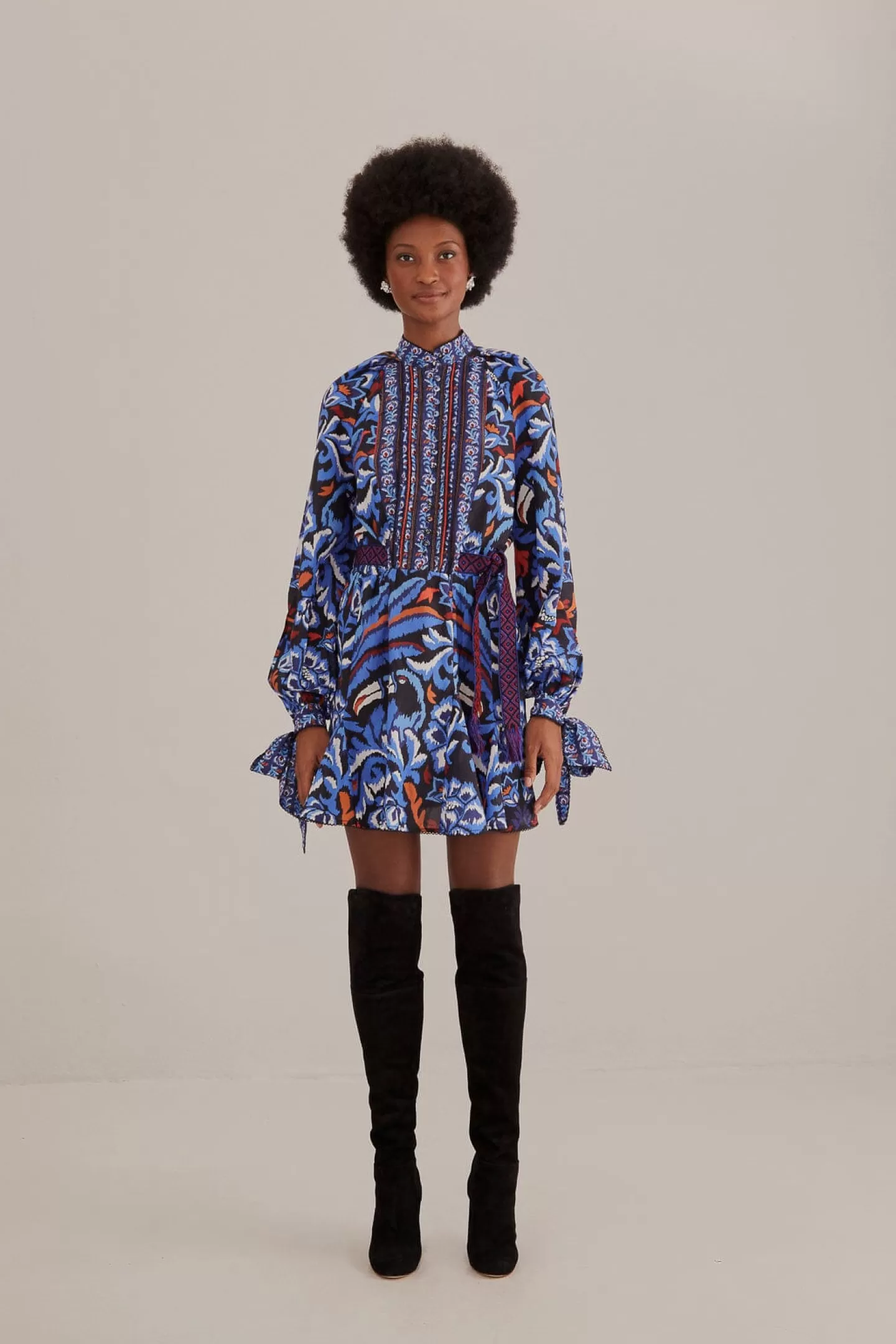 FARM Rio  BLACK TOUCANS SCARF LONG SLEEVE MINI DRESS