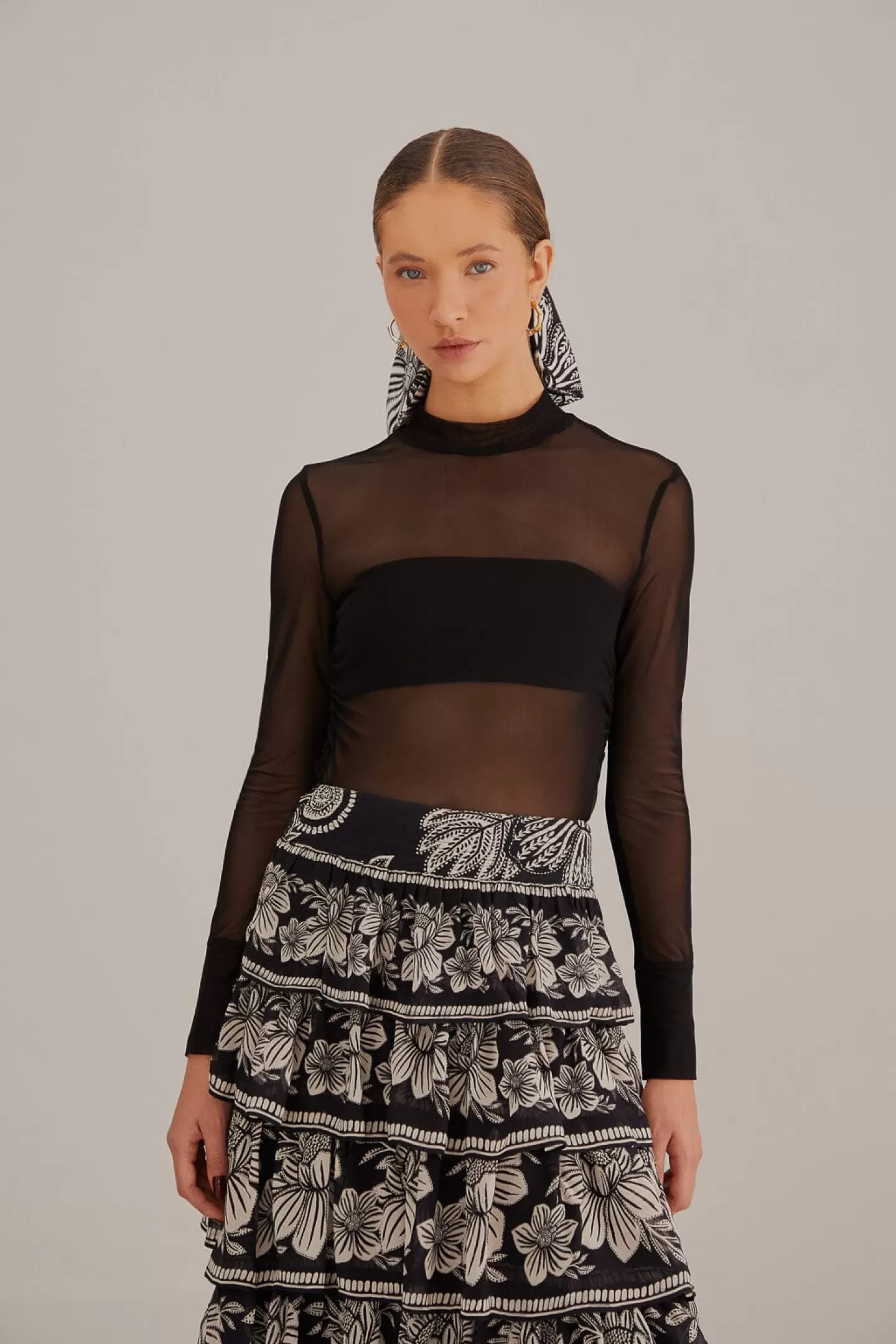 FARM Rio  BLACK TULLE LONG SLEEVE BLOUSE