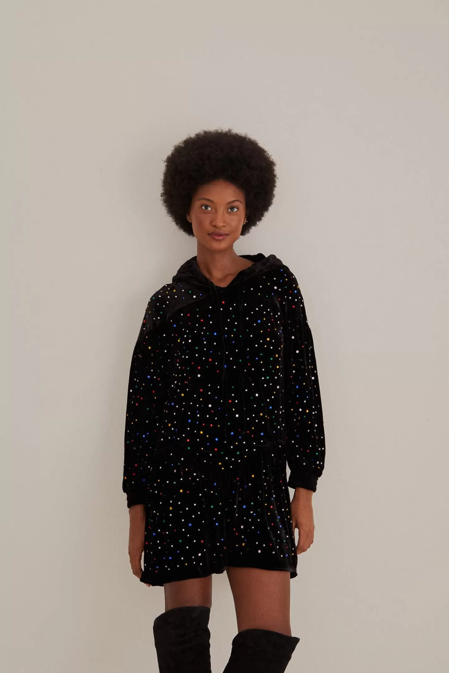 FARM Rio  BLACK VELVET LONG SLEEVE MINI DRESS