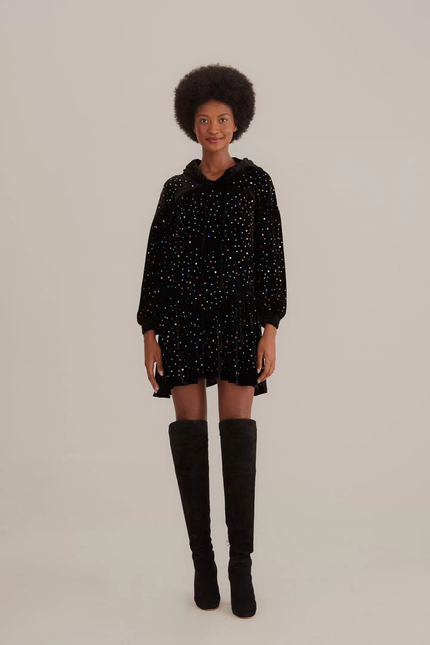 FARM Rio  BLACK VELVET LONG SLEEVE MINI DRESS