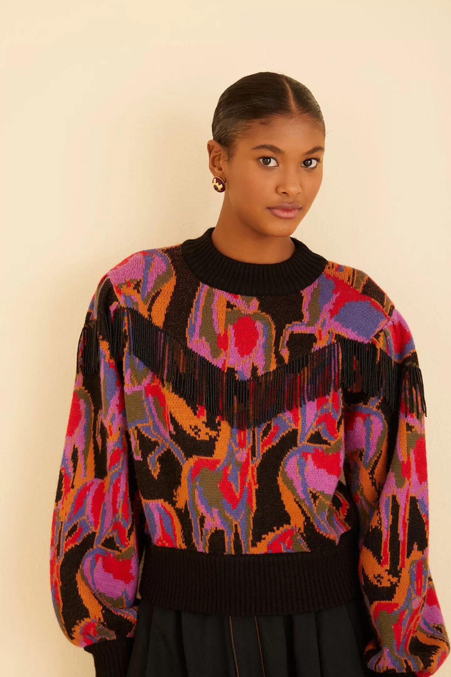FARM Rio  BLACK WILD HORSES FRINGE SWEATER
