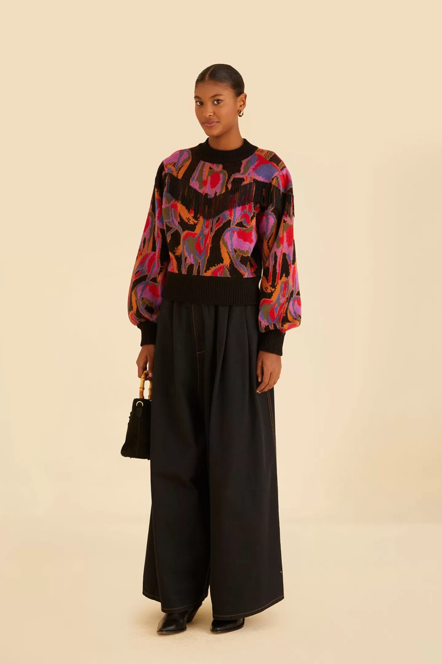 FARM Rio  BLACK WILD HORSES FRINGE SWEATER
