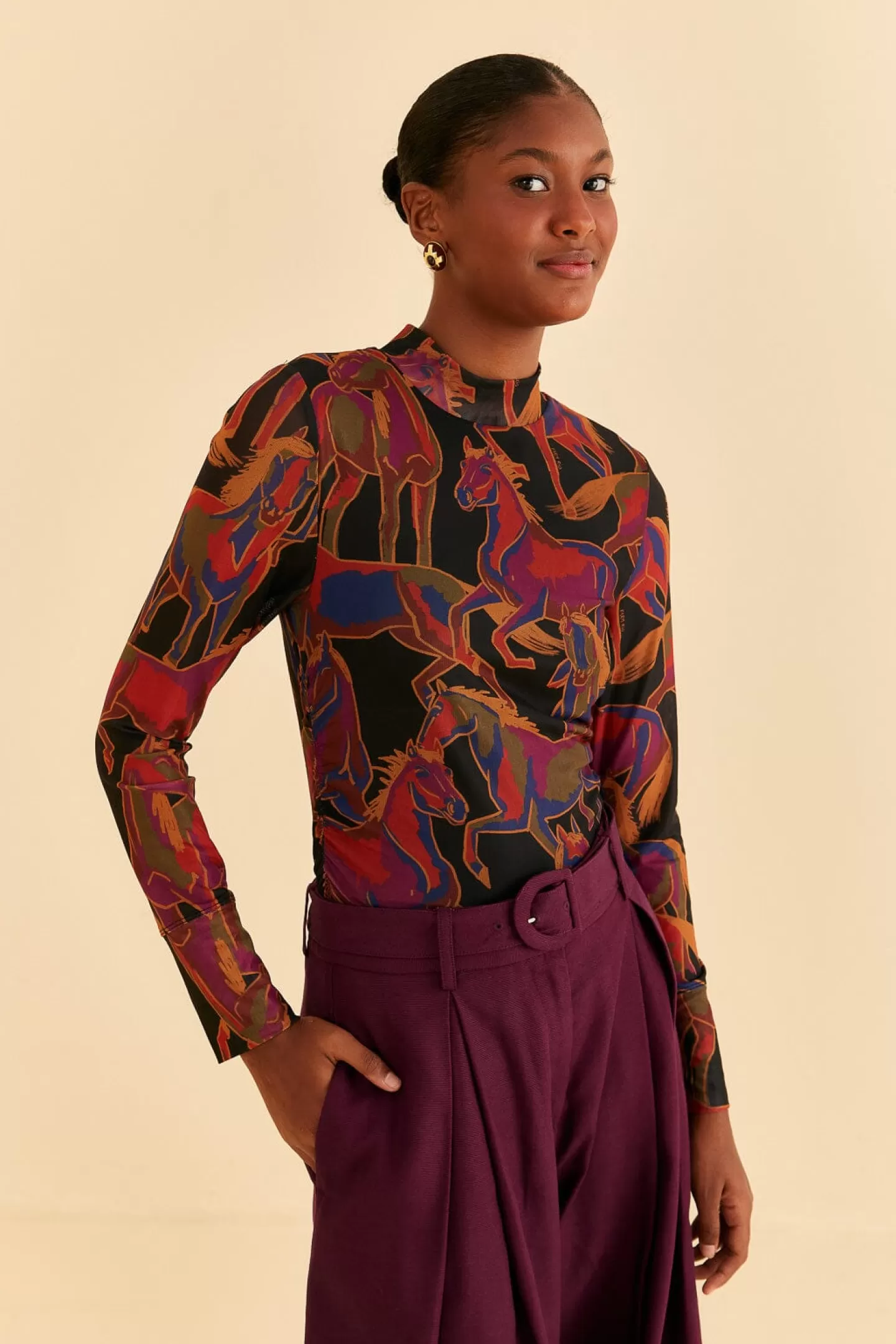 FARM Rio  BLACK WILD HORSES TULLE BLOUSE