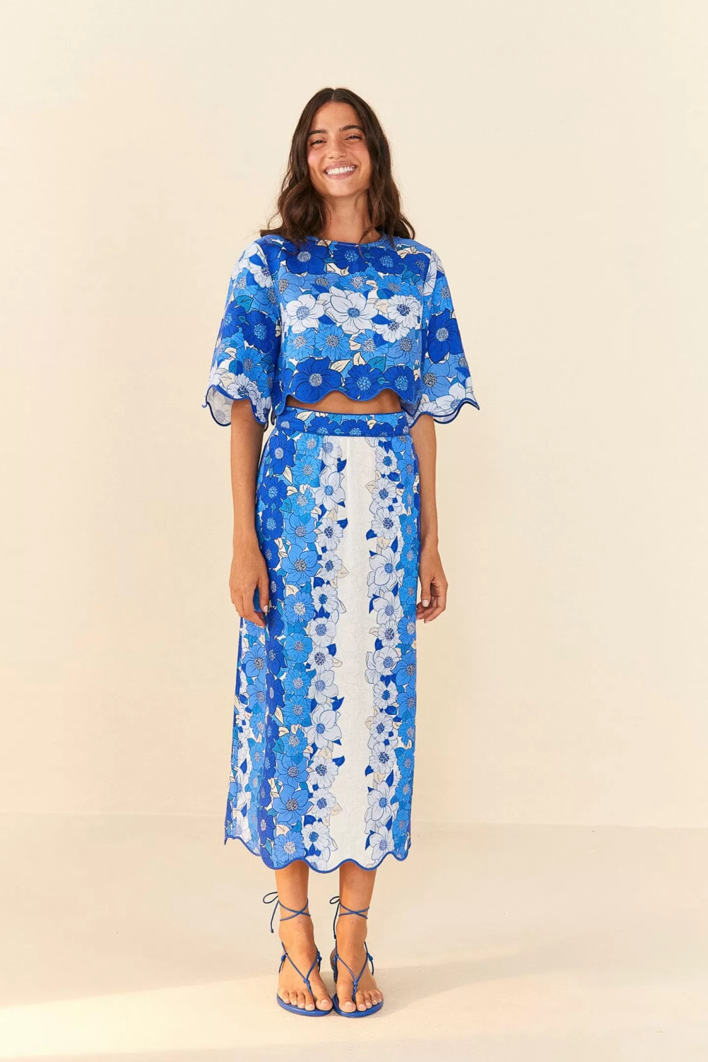 FARM Rio  BLUE FLOWER STRIPES MIDI SKIRT