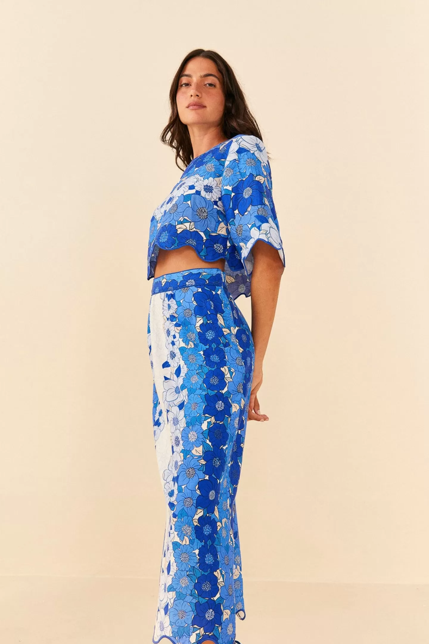 FARM Rio  BLUE FLOWER STRIPES MIDI SKIRT