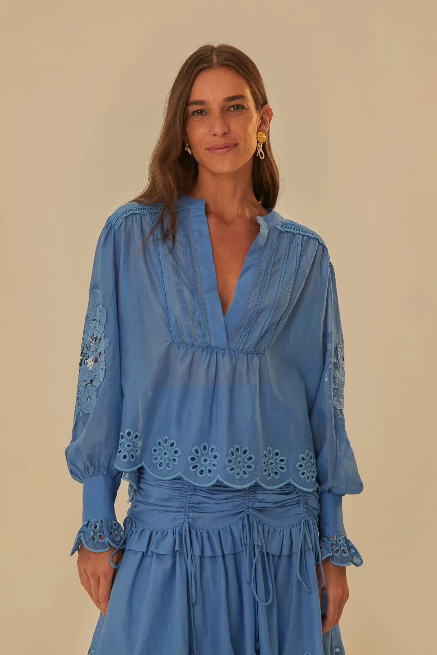 FARM Rio  BLUE LONG SLEEVE ORGANIC COTTON BLOUSE