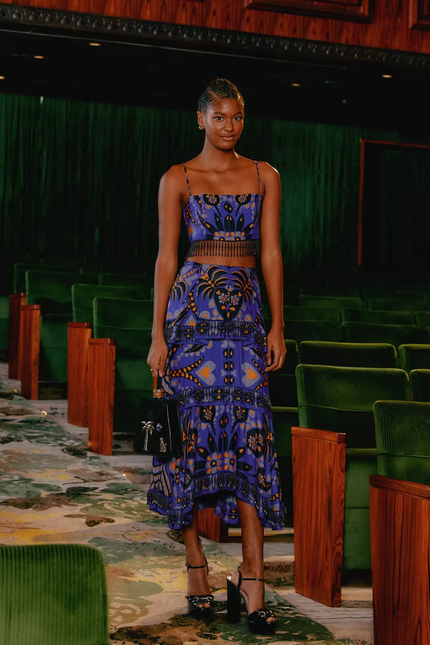 FARM Rio  BLUE MARTINA SCARF BEADED MIDI SKIRT