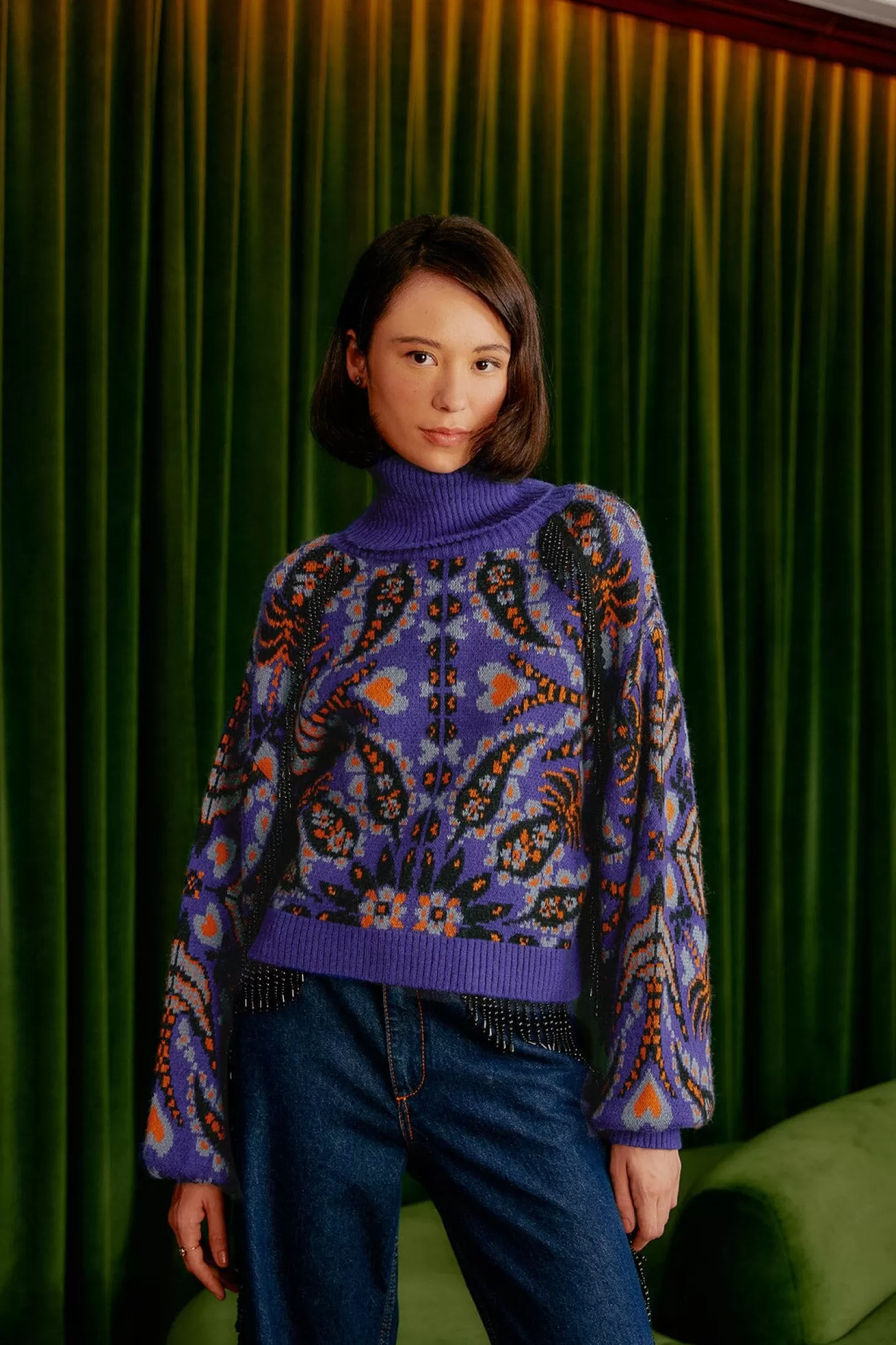 FARM Rio  BLUE MARTINA SCARF SEQUIN EMBROIDERED KNIT CARDIGAN