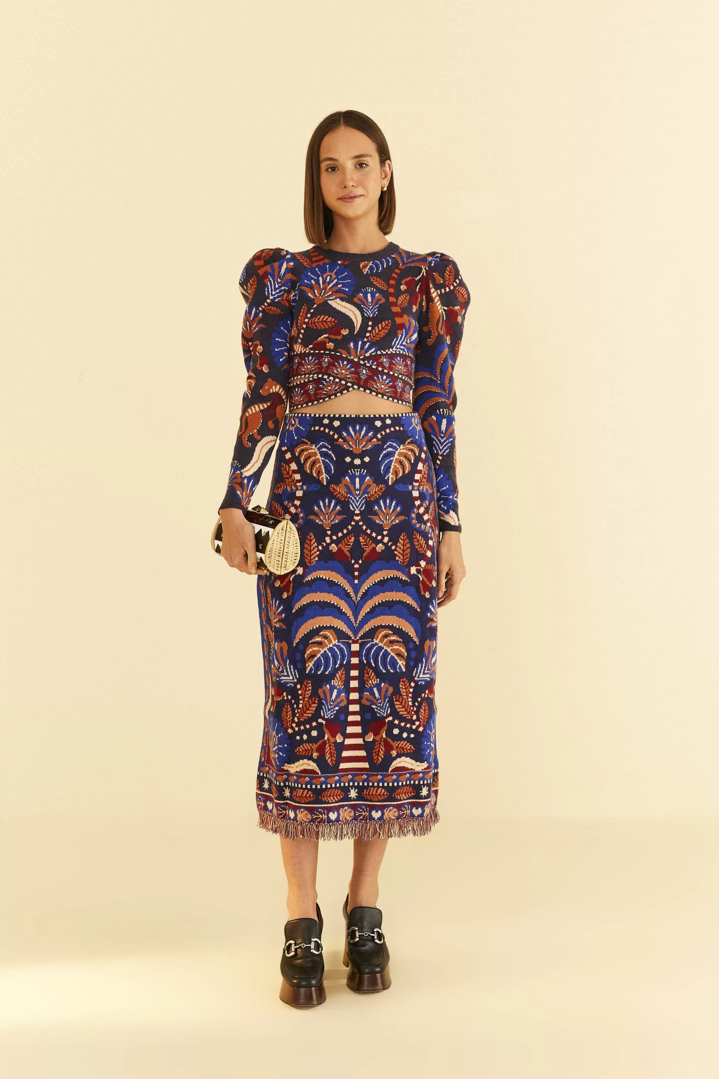 FARM Rio  BLUE NATURE BEAUTY SCARF KNIT MIDI SKIRT