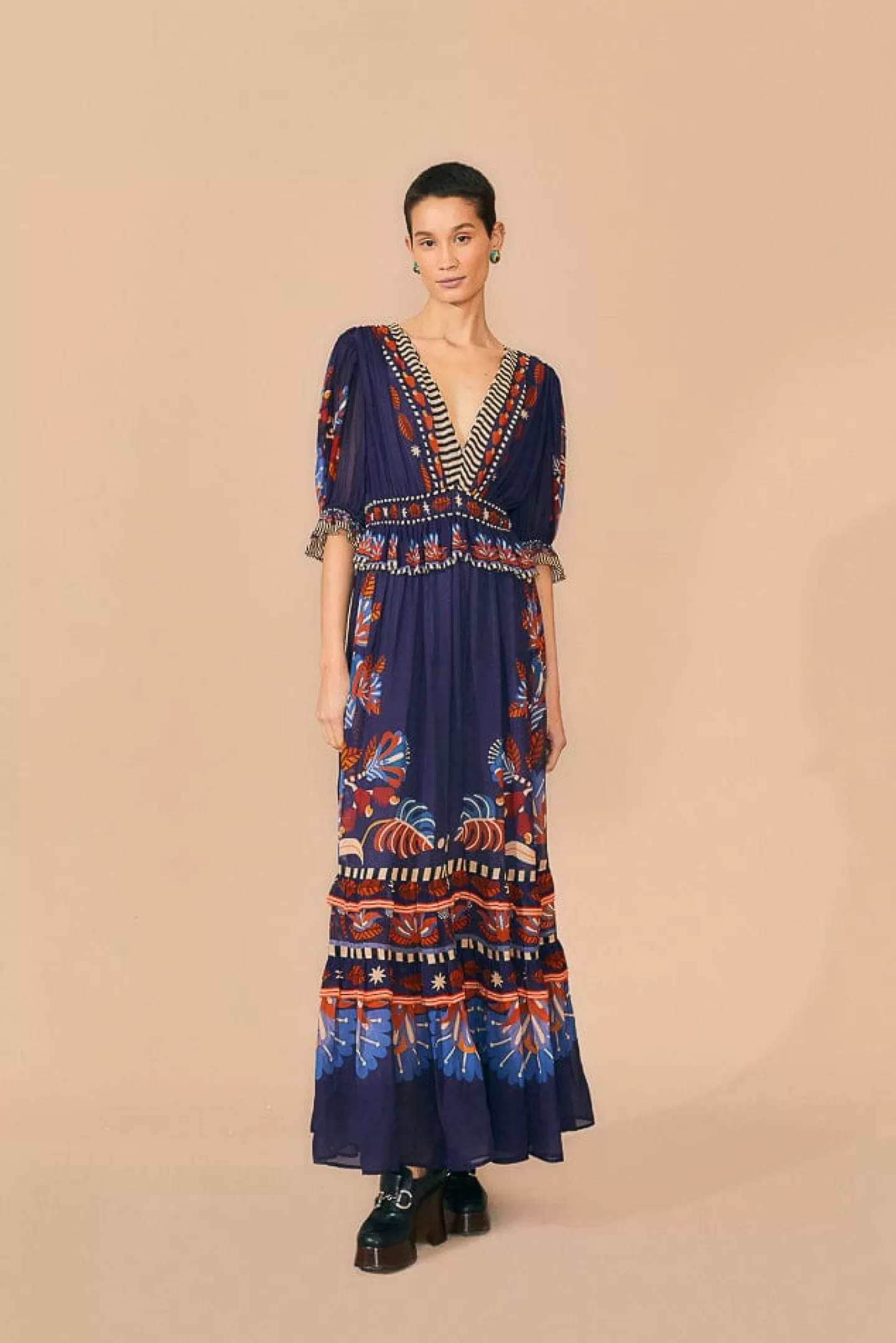 FARM Rio  BLUE NATURE BEAUTY SHORT SLEEVE MAXI DRESS