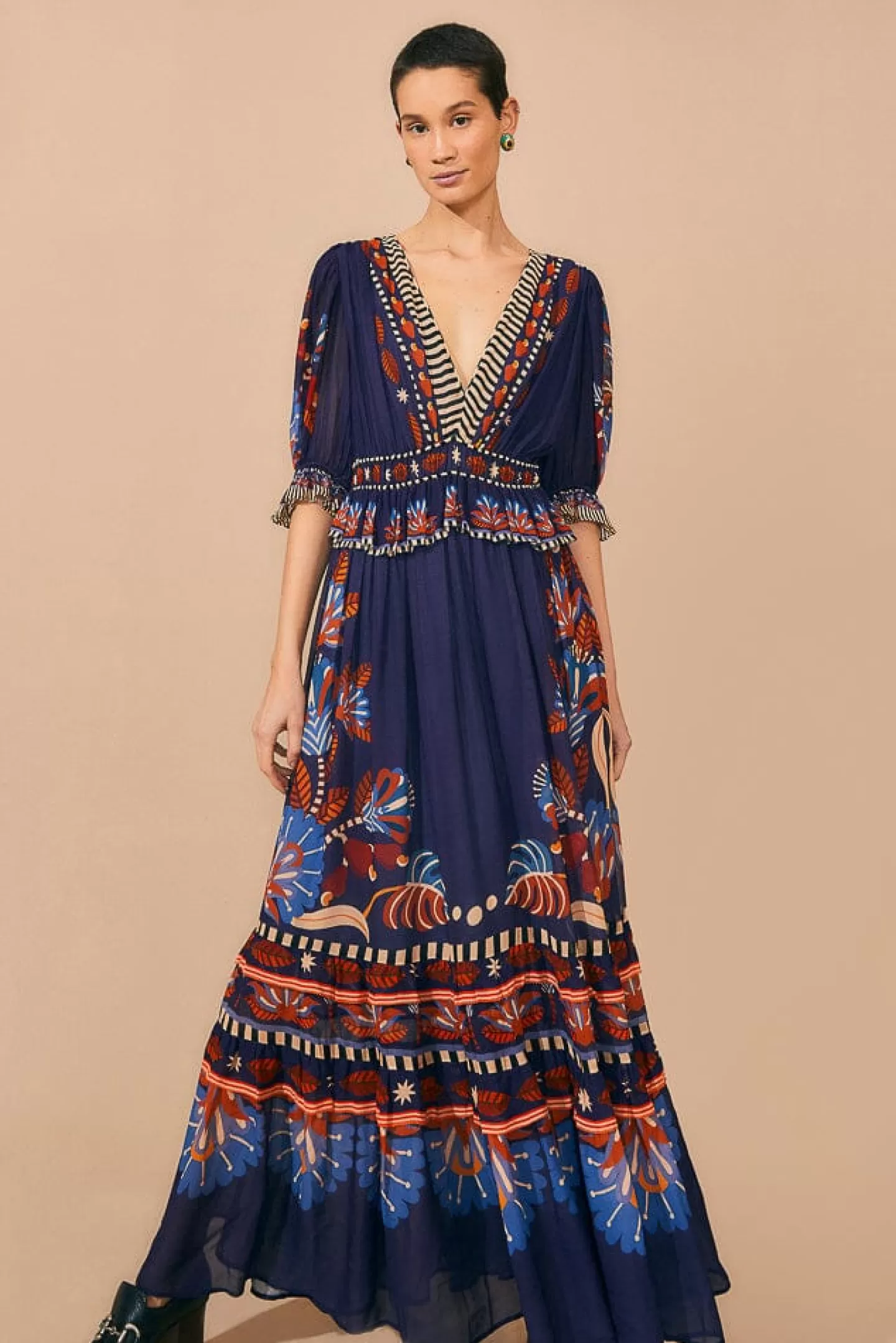 FARM Rio  BLUE NATURE BEAUTY SHORT SLEEVE MAXI DRESS