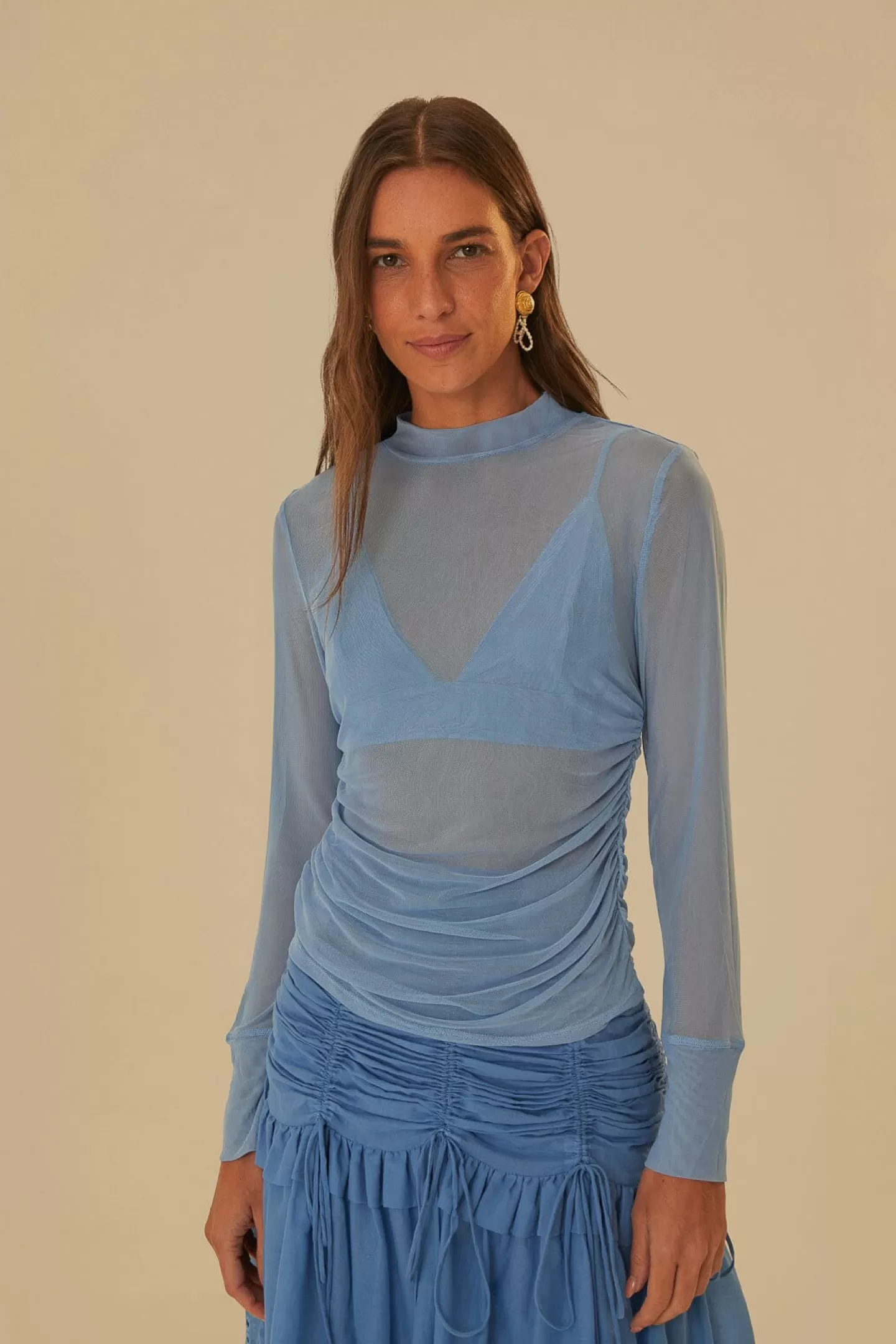 FARM Rio  BLUE TULLE LONG SLEEVED BLOUSE