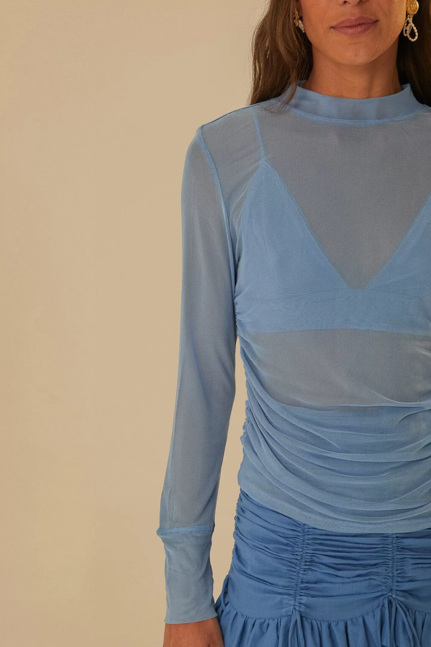 FARM Rio  BLUE TULLE LONG SLEEVED BLOUSE