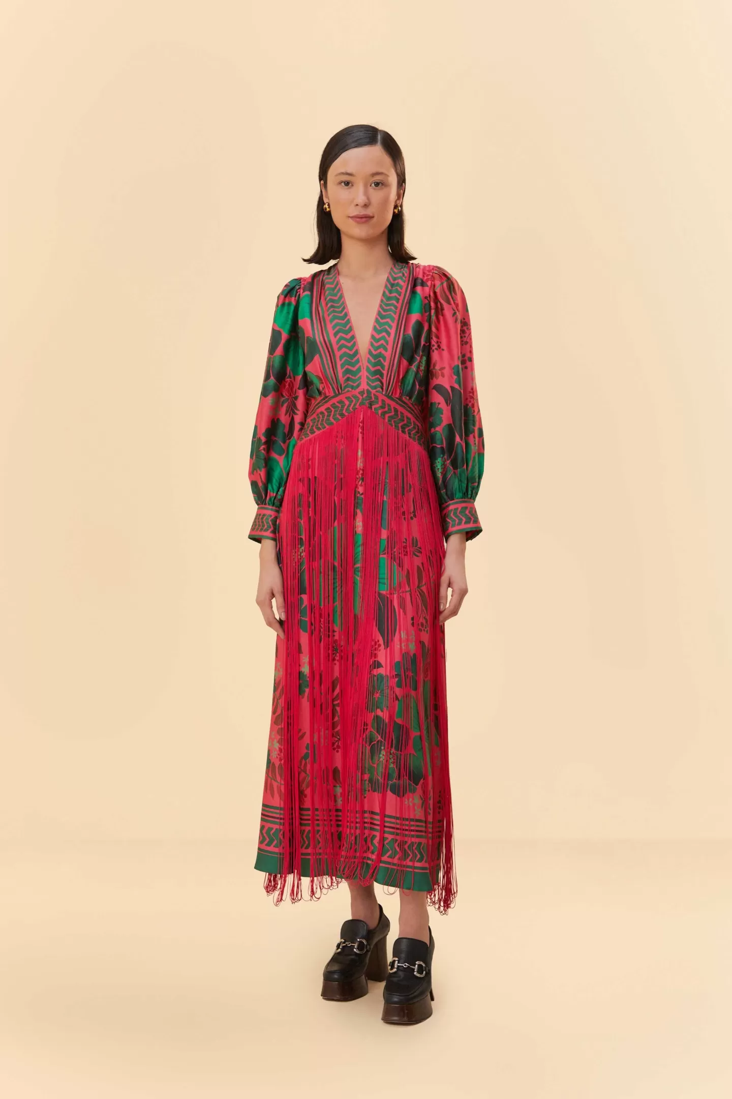 FARM Rio  BLUSH FLORAL YARD FRINGE MAXI DRESS