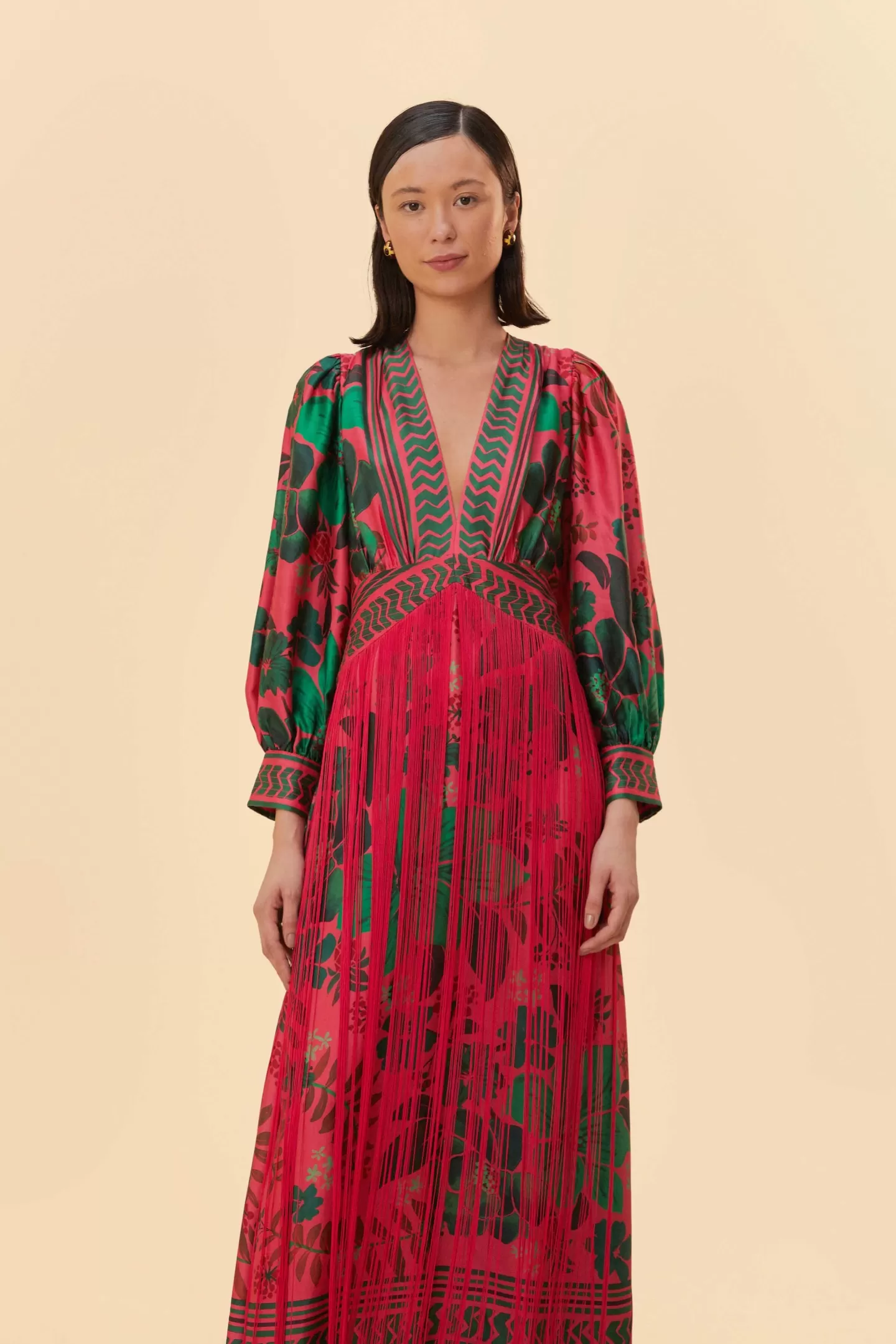 FARM Rio  BLUSH FLORAL YARD FRINGE MAXI DRESS