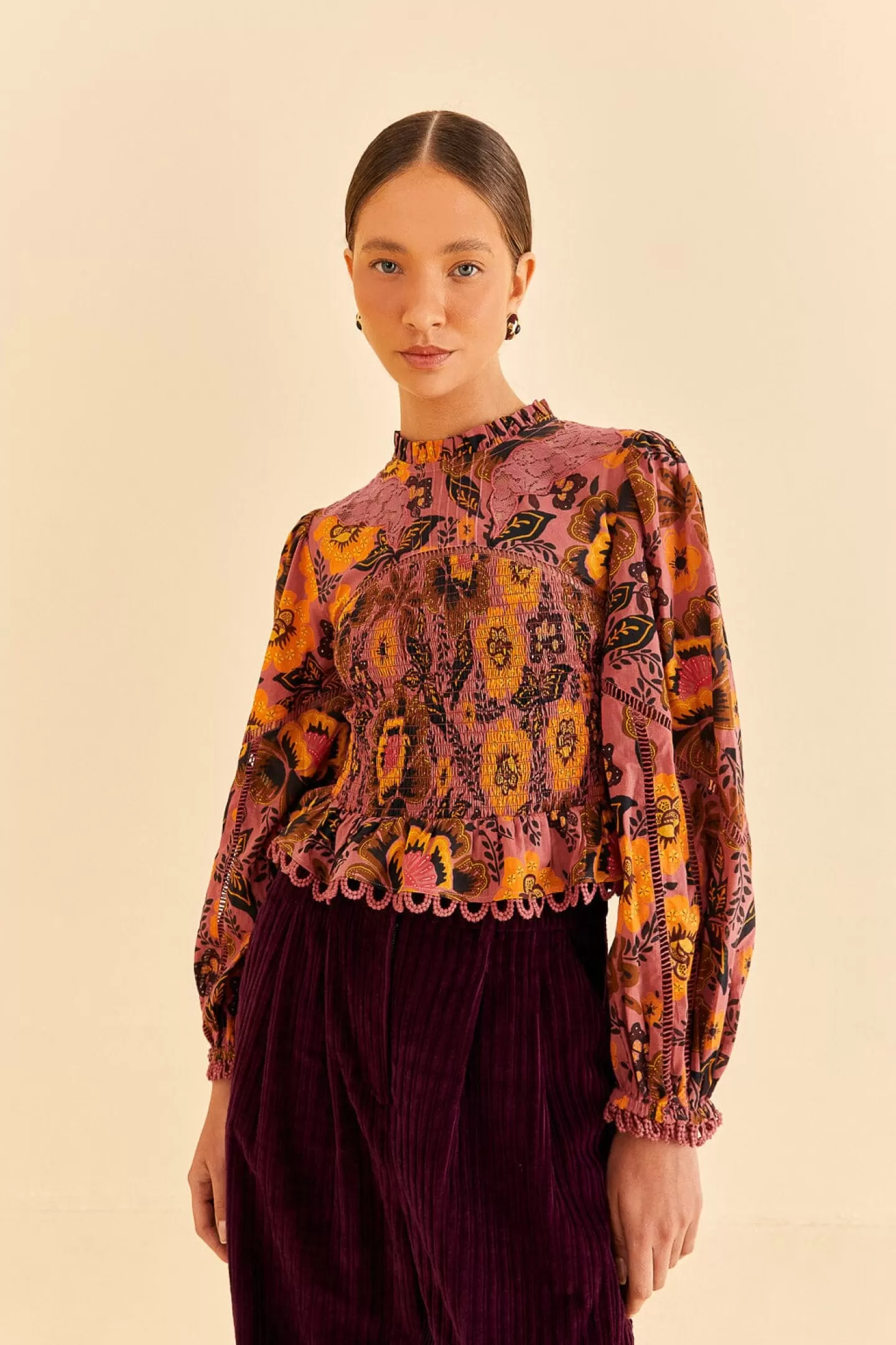 FARM Rio  BLUSH GARDEN BLOOM SMOCKED BLOUSE