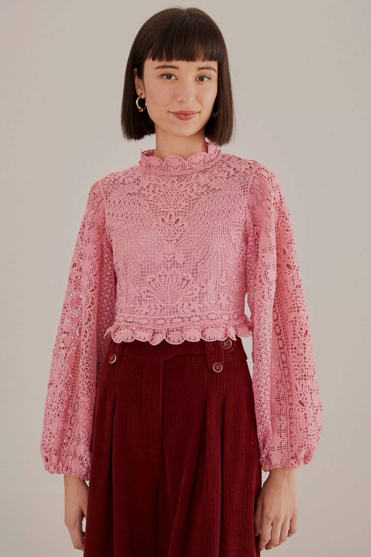FARM Rio  BLUSH PINK GUIPURE LONG SLEEVE BLOUSE