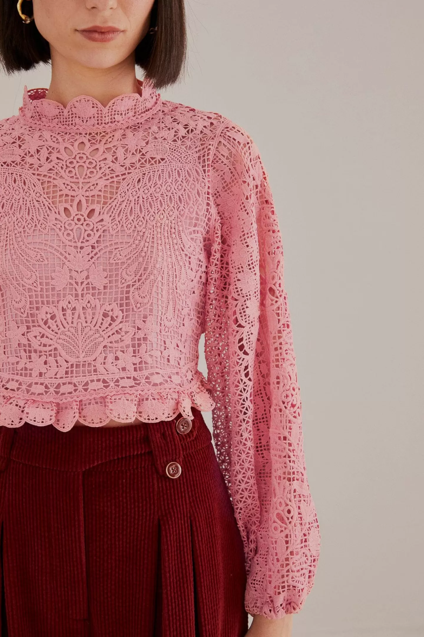 FARM Rio  BLUSH PINK GUIPURE LONG SLEEVE BLOUSE