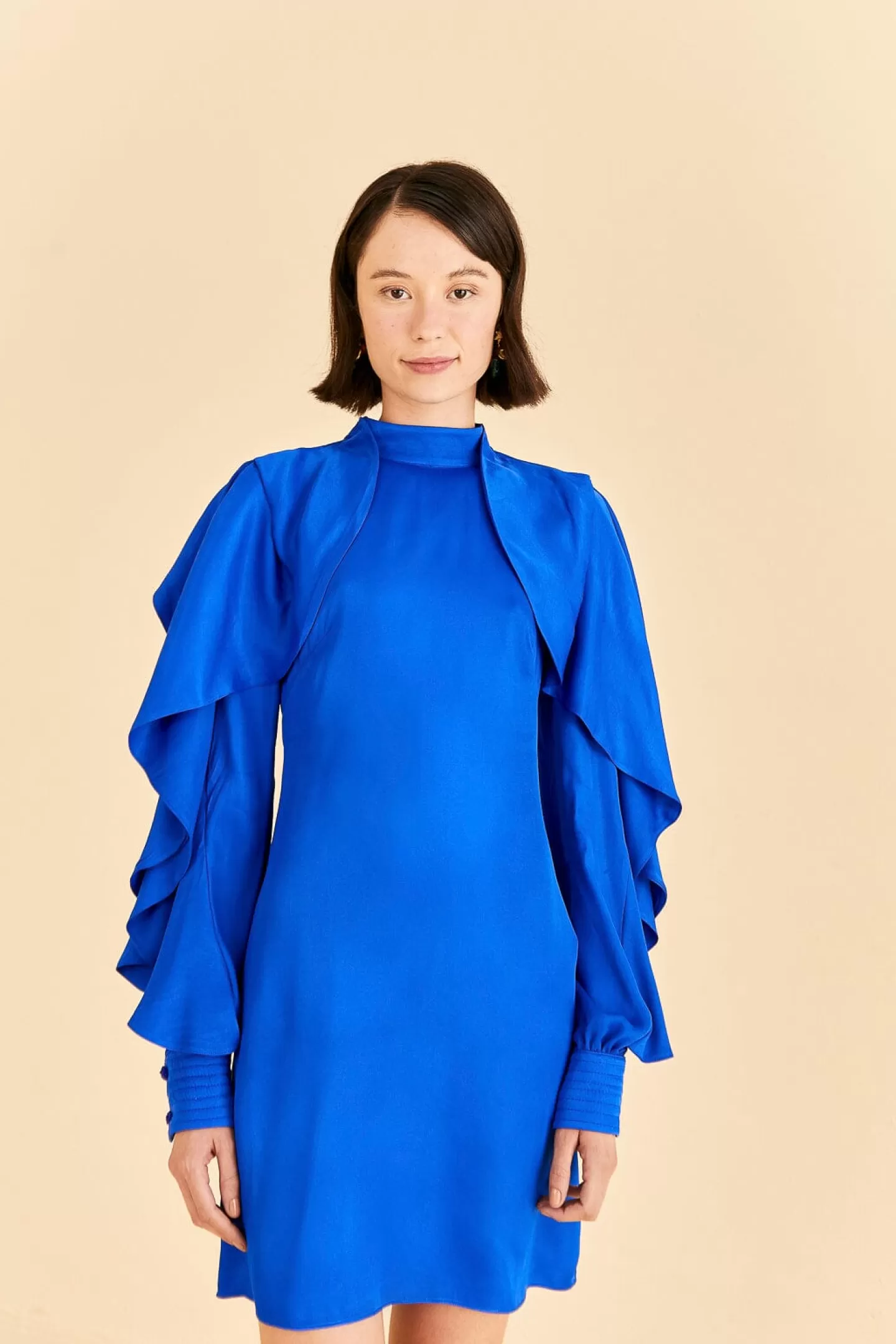 FARM Rio  BRIGHT BLUE BACKLESS RUFFLE SLEEVE MINI DRESS