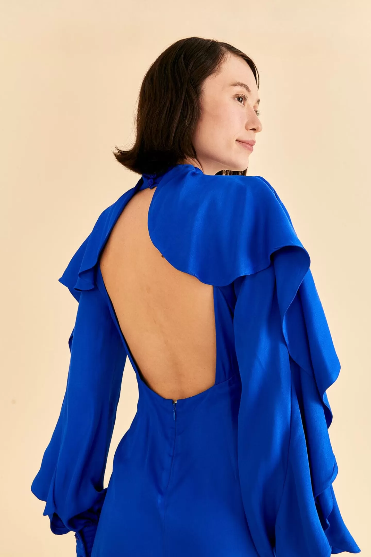 FARM Rio  BRIGHT BLUE BACKLESS RUFFLE SLEEVE MINI DRESS