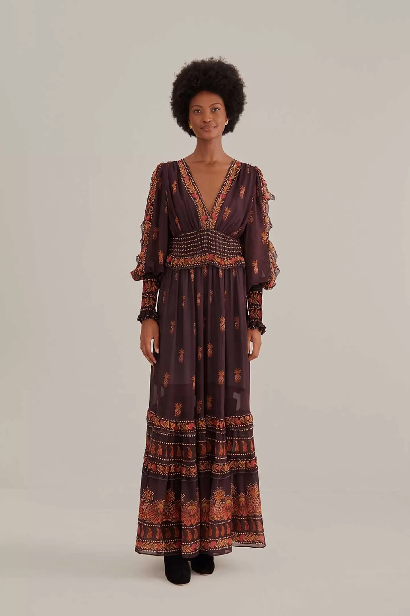 FARM Rio  BROWN PAISLEY BLOOM LONG SLEEVE MAXI DRESS