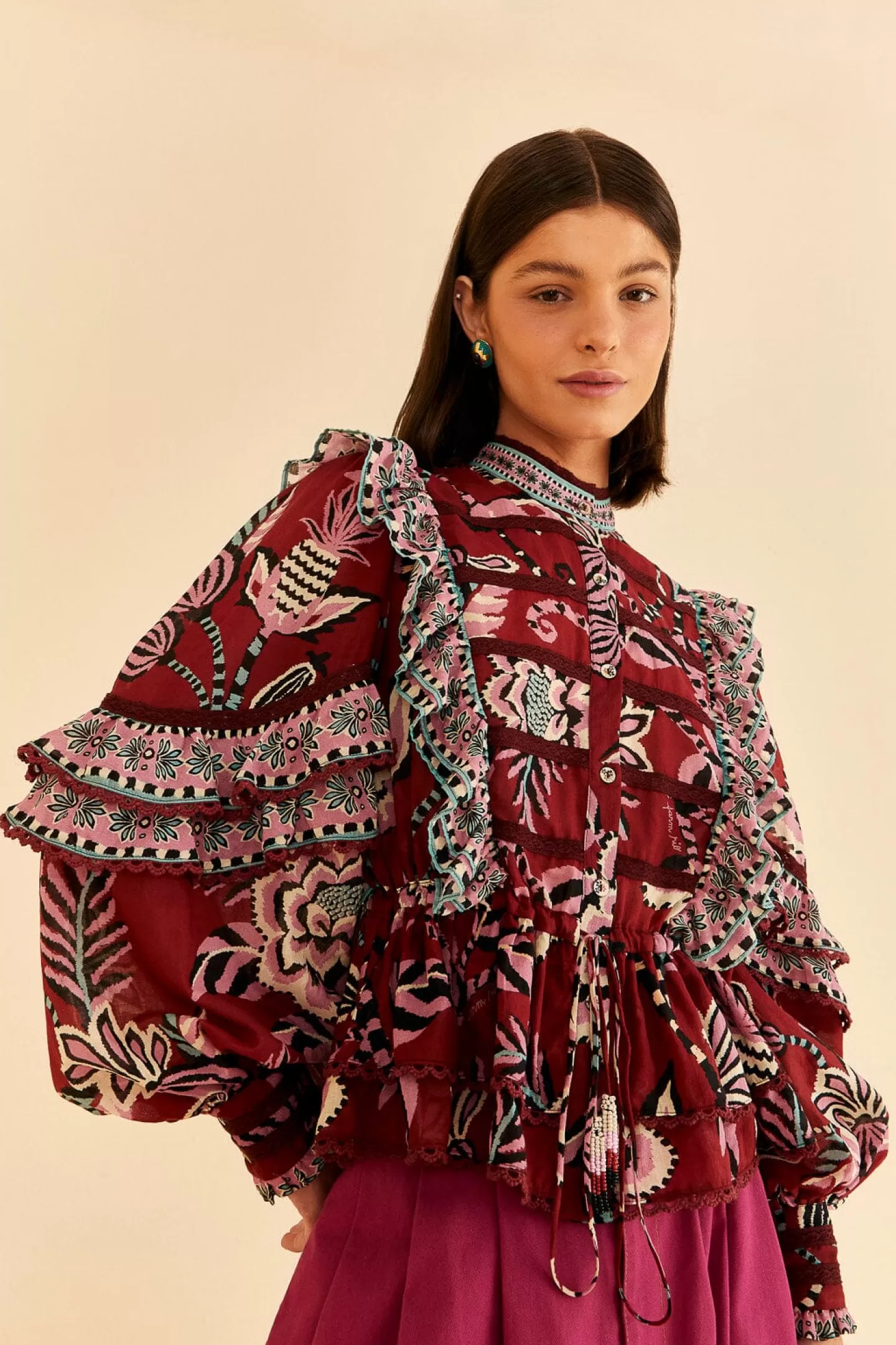 FARM Rio  BURGUNDY PINEAPPLE INSPIRATION RUFFLE BLOUSE